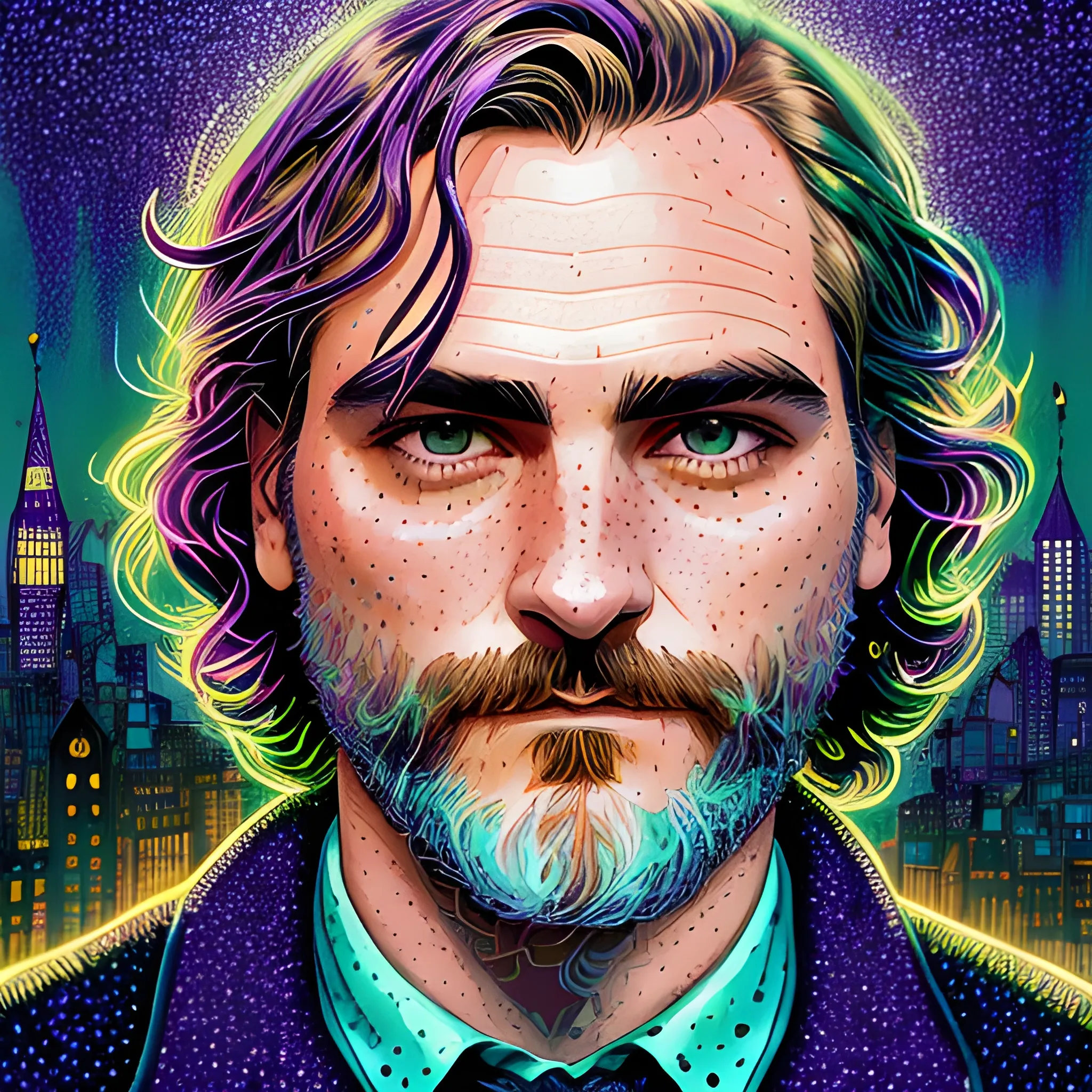 Joaquin Phoenix, his highly detailed, softly freckled handsome face, lavender-green eyes, meticulously detailed long dark hair; by James R. Eads, Fausto-Giurescu, Tania Rivilis, Dan Mumford; luminous colorful sparkles, glitter, airbrush, depth of field, volumetric lighting, downtown