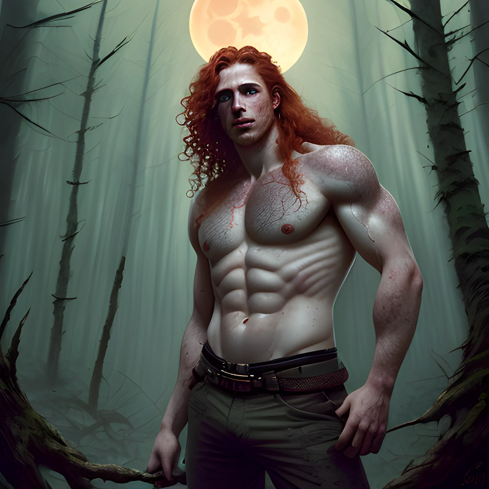 Attractive male, long red curly hair, chiseled, handsome, freckles, perfect face, hyperdetailed eyes and an athletic, masculine body, under a painted neblua sky, full moon; deep forest, spooky ambiance, by gaston bussiere, craig mullins, j. c. leyendecker