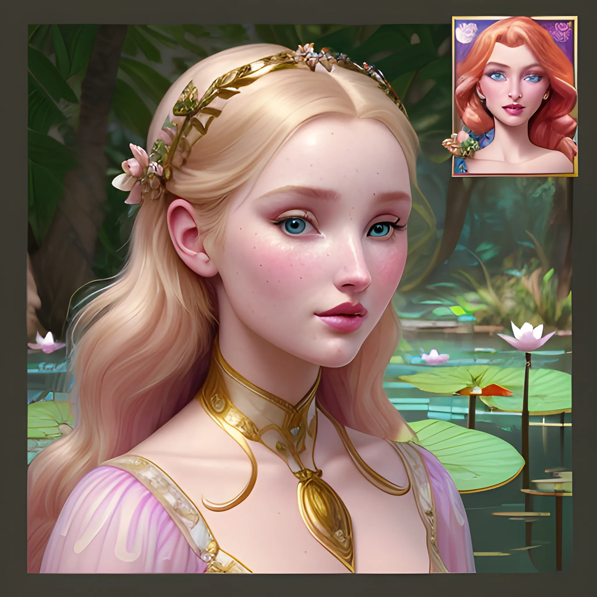 Elsa Hosk / Dove Cameron face morph; beautiful twins at a lotus pond; red hair, gold-hazel eyes; highly detailed beautiful faces; glitter, renaissance; high contrast, pastel, sorbet, pearlescent, Unreal Engine 5; by Dan Parent, Alphonse Mucha, Artgerm, WLOP, intricately detailed, fantasy, bizarre, beautiful, Chromolithography, Soft Shading, Unreal Engine; digital painting, smooth, sharp focus, illustration, art by lisa frank, Steve Goad, Frank Frazetta, William-Adolphe Bouguereau, Unreal Engine 5, Cartoon, 3D, Oil Painting