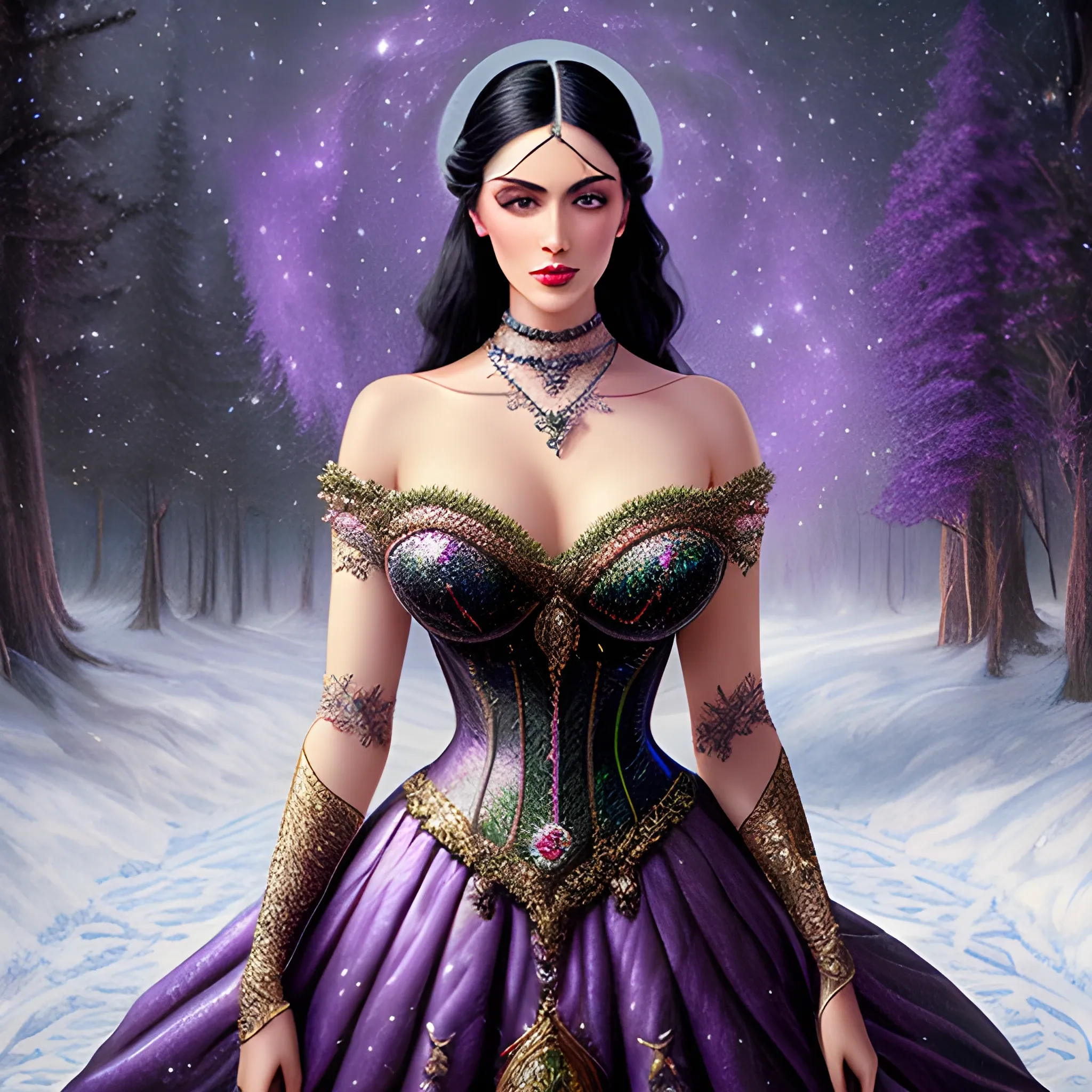 Lilac Princess, beautiful woman wears a lavender sequined dress. She has long, sleek black hair, and stands in front of snow-covered pine trees and an icy river. Her features are symmetrical, lovely, and anatomically correct. She wears amethyst jewelry. Lips are soft, in a slight smile; behind her a cityscape, and full smooth moon in a nebula sky, clouds; fantasy, Vintage Art, 16k resolution, intricately detailed, Renaissance, Chromolithography Soft Shading; ethereal fantasy, realistic oil painting. Victorian era, glitter, old fashioned, vintage, antique, renaissance, gothic, eldritch, highly intricate, sophisticated and complex digital painting, concept art, hyperrealism, Cinema 4D, 8k resolution, 64 megapixels, CGSociety, ZBrushCentral, behance HD, hypermaximalist, parallax
