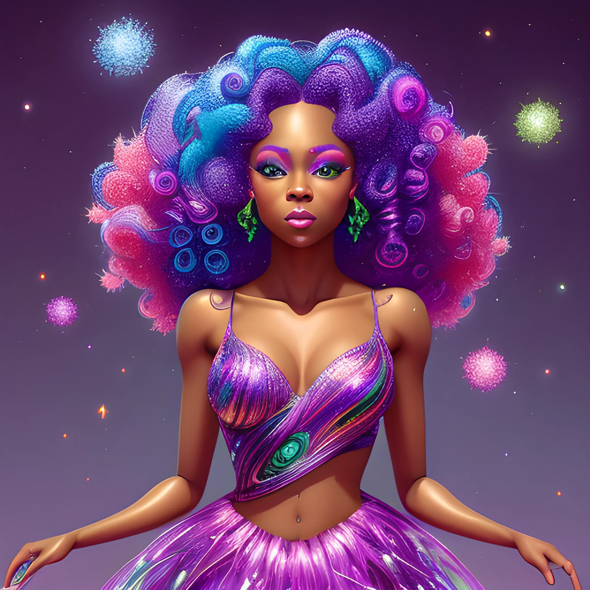 Charlotte Ayanna, perfect, anatomically correct perfect body, highly detailed beautiful face, green midriff dress, meticulously detailed multi-hued long dark curly hair, holding a purple ball in her hand; digital painting, smooth, sharp focus, colorful illustration, art by Lisa Frank, James R. Eads, artgerm and Maxfield Parrish; luminous color sparkles, glitter, neon, airbrush, Unreal Engine 5