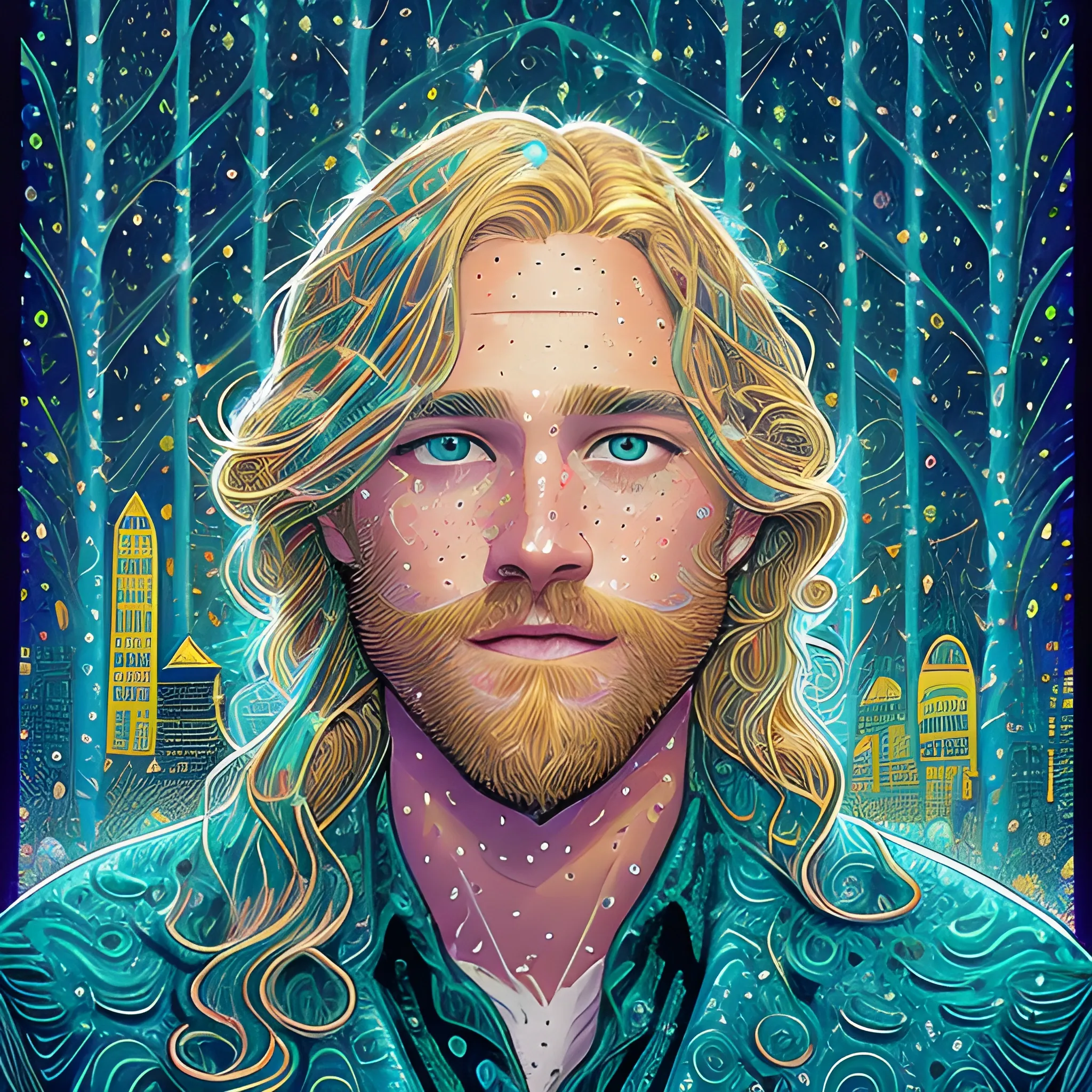 Wyatt Russell, his highly detailed, softly freckled handsome face, teal-green eyes, meticulously detailed long blond hair; by James R. Eads, Fausto-Giurescu, Tania Rivilis, Dan Mumford; luminous colorful sparkles, glitter, airbrush, depth of field, volumetric lighting, downtown