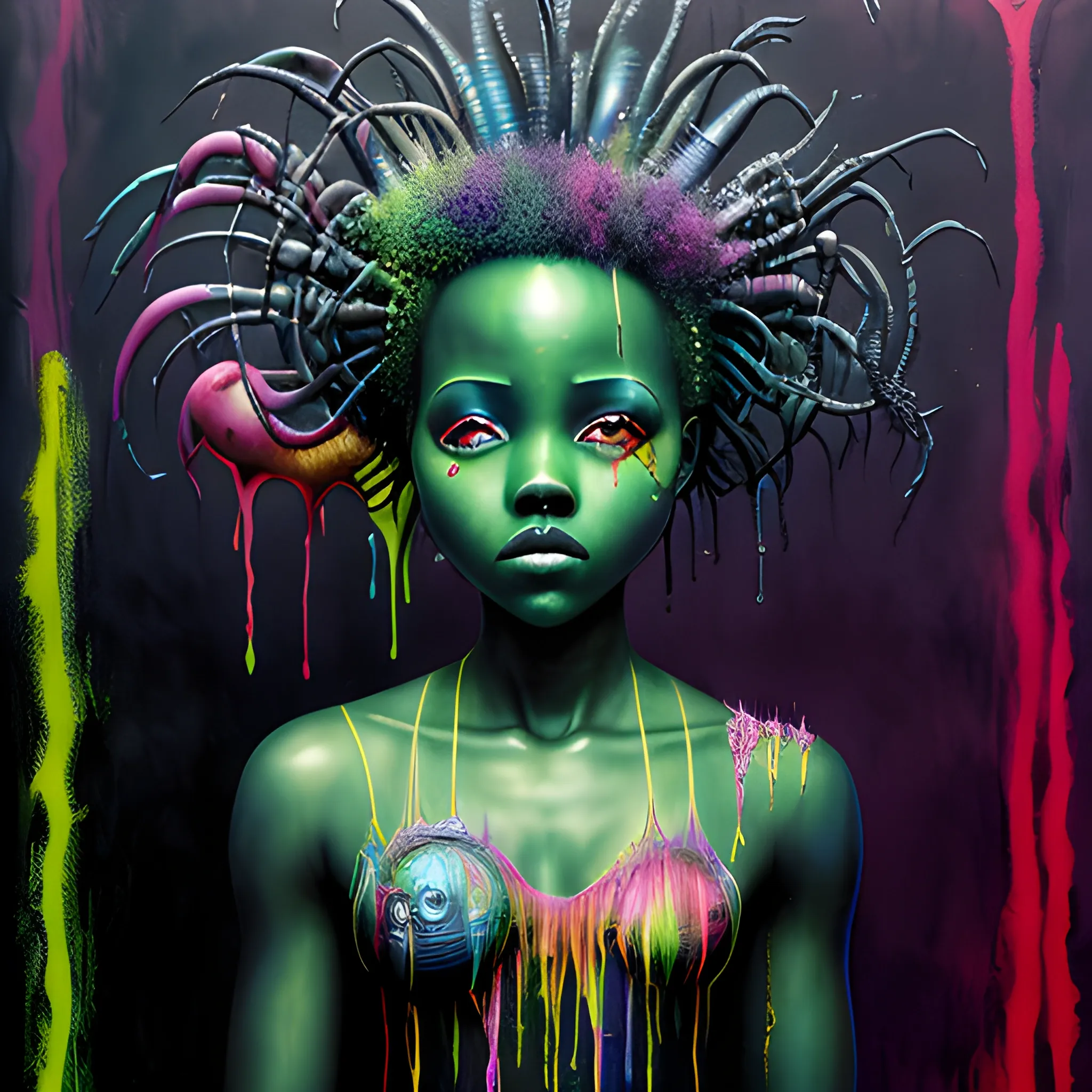  Masterpiece, scenic; Lupita Nyong'o; neon spray paint, acrylic paint, fantastical surrealist world, in the style of Stephen Gammell and Shawn Coss, extremely detailed, sick, gothic, eldritch