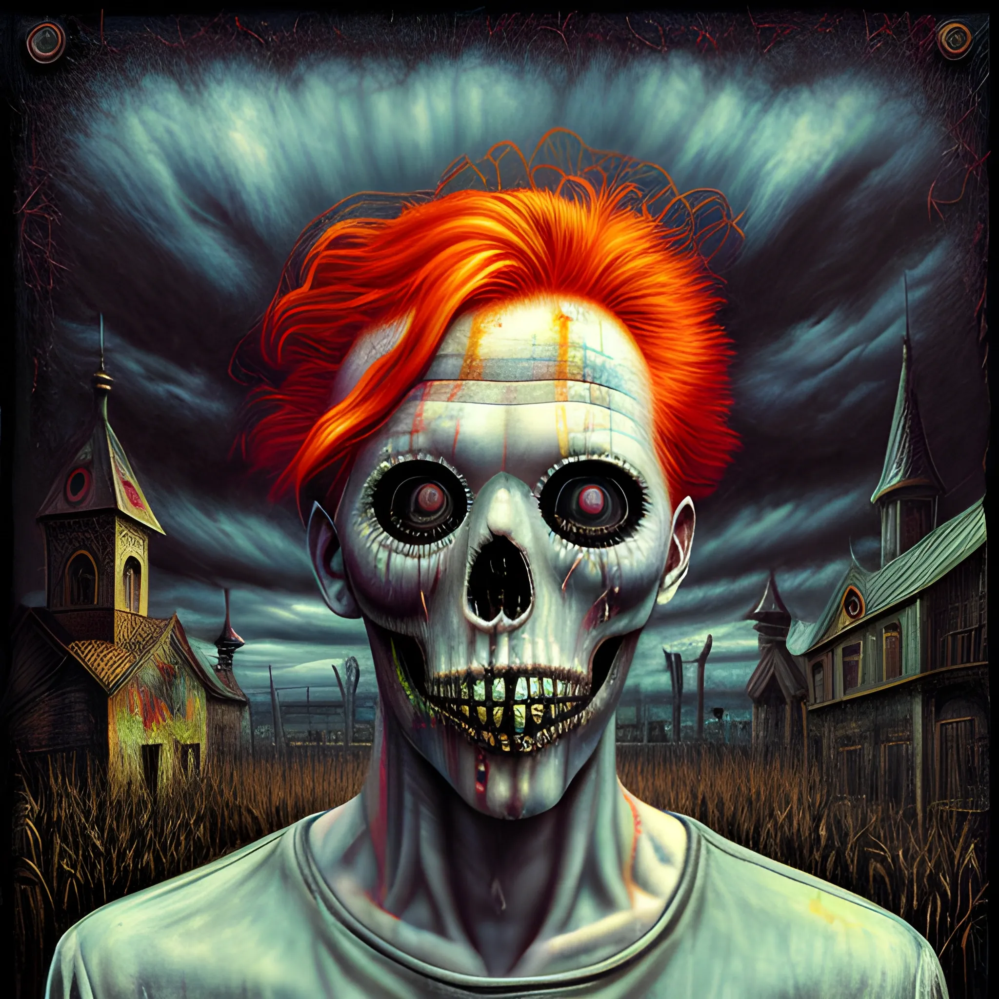  Masterpiece, scenic; redhead Courtney Gains; corn; neon spray paint, acrylic paint, fantastical surrealist world, in the style of Stephen Gammell and Shawn Coss, extremely detailed, sick, gothic, eldritch; macabre, extreme color