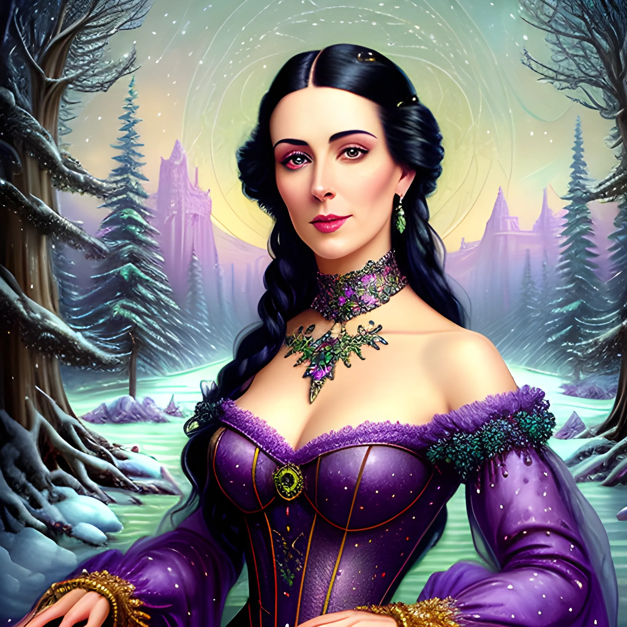 Lilac Princess, beautiful woman wears a lavender sequined dress. She has long, sleek black hair, and stands in front of snow-covered pine trees and an icy river. Her features are symmetrical, lovely, and anatomically correct. She wears amethyst jewelry. Lips are soft, in a slight smile; behind her a cityscape, and full smooth moon in a nebula sky, clouds; fantasy, Vintage Art, 16k resolution, intricately detailed, Renaissance, Chromolithography Soft Shading; ethereal fantasy, realistic oil painting. Victorian era, glitter, old fashioned, vintage, antique, renaissance, gothic, eldritch, highly intricate, sophisticated and complex digital painting, concept art, hyperrealism, Cinema 4D, 8k resolution, 64 megapixels, CGSociety, ZBrushCentral, behance HD, hypermaximalist, parallax
