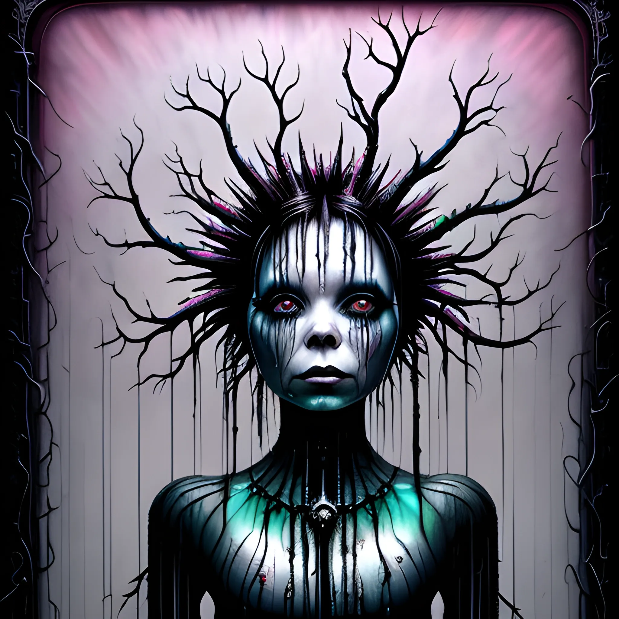  Masterpiece, scenic; Bjork; neon spray paint, acrylic paint, fantastical surrealist world, in the style of Stephen Gammell and Shawn Coss, extremely detailed, sick, gothic, eldritch