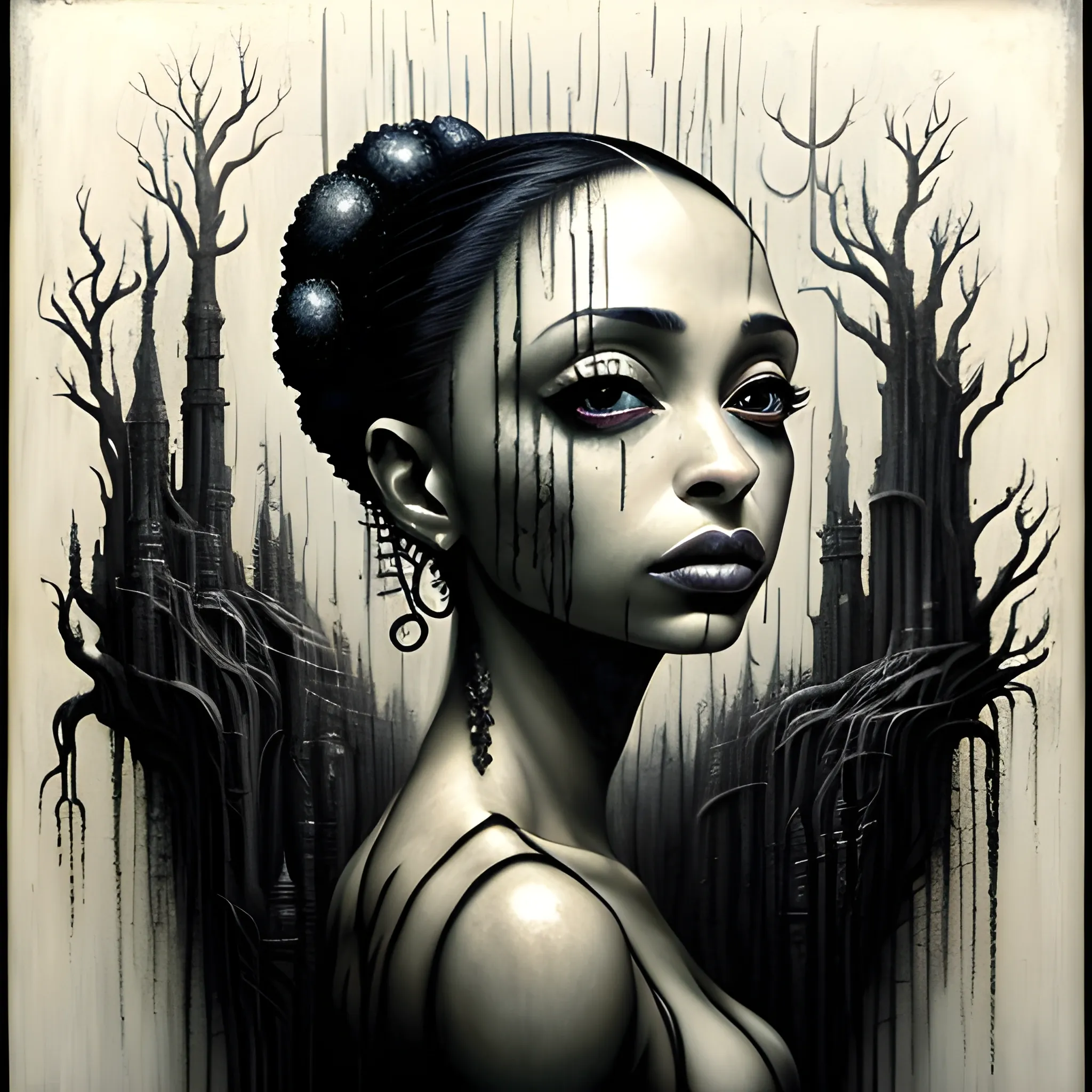  Masterpiece, scenic; Sade Adu; neon spray paint, acrylic paint, fantastical surrealist world, in the style of Stephen Gammell and Shawn Coss, extremely detailed, sick, gothic, eldritch