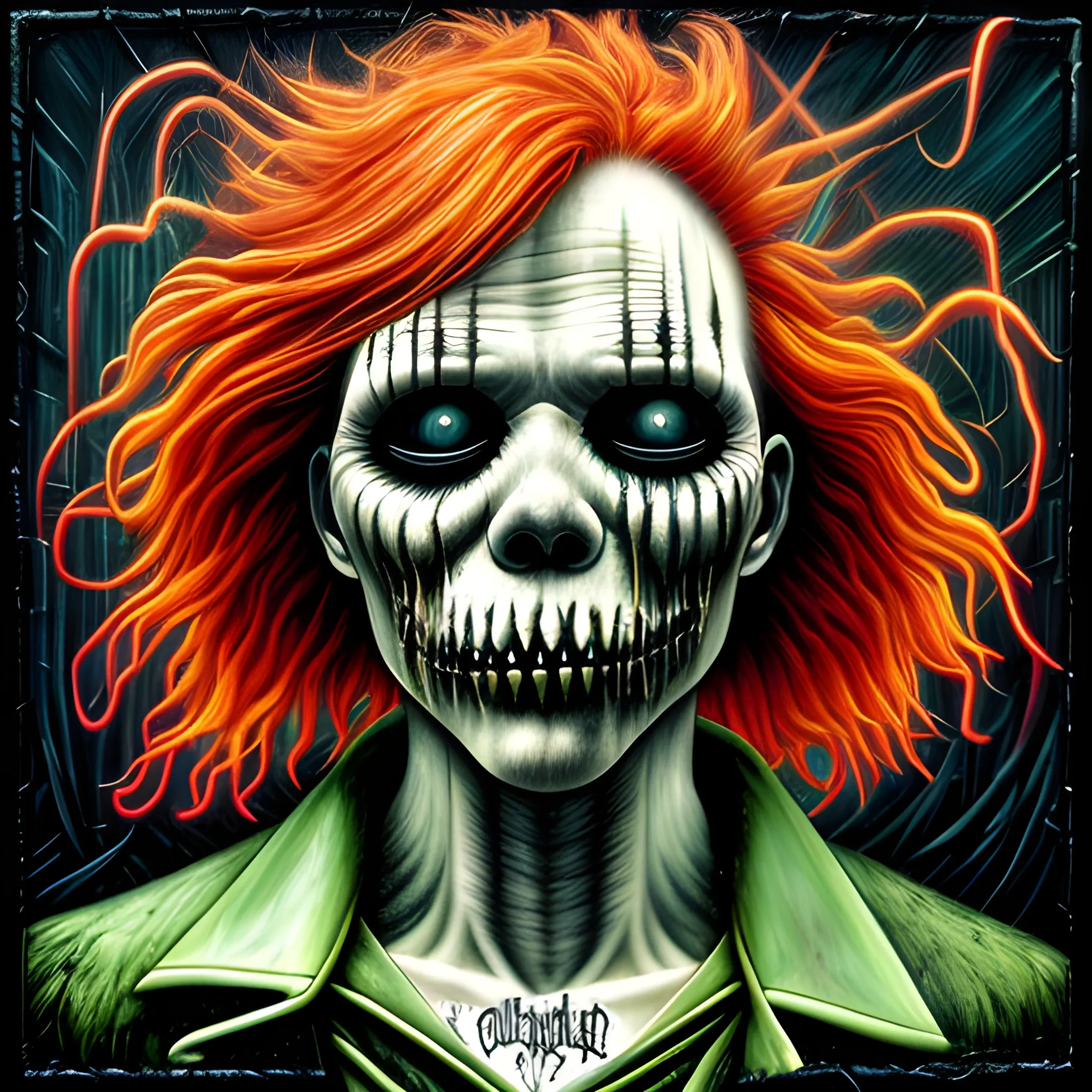  Masterpiece, scenic; redhead Courtney Gains; corn; neon spray paint, acrylic paint, fantastical surrealist world, in the style of Stephen Gammell and Shawn Coss, extremely detailed, sick, gothic, eldritch; macabre, extreme color