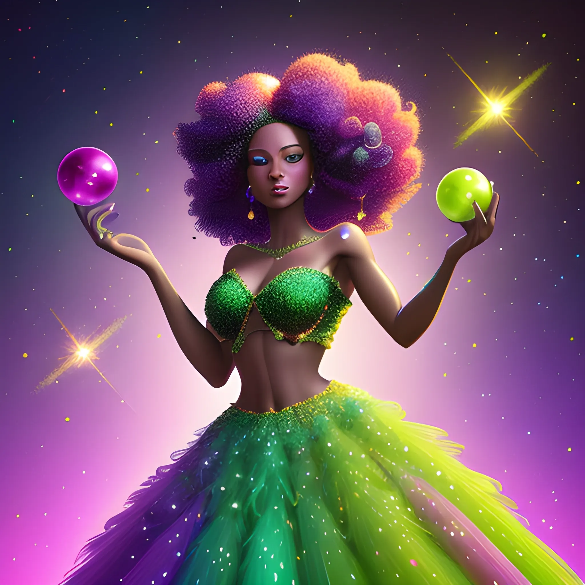 Charlotte Ayanna, perfect, anatomically correct perfect body, highly detailed beautiful face, green midriff dress, meticulously detailed multi-hued long dark curly hair, holding a purple ball in her hand; digital painting, smooth, sharp focus, colorful illustration, art by Lisa Frank, James R. Eads, artgerm and Maxfield Parrish; luminous color sparkles, glitter, neon, airbrush, Unreal Engine 5