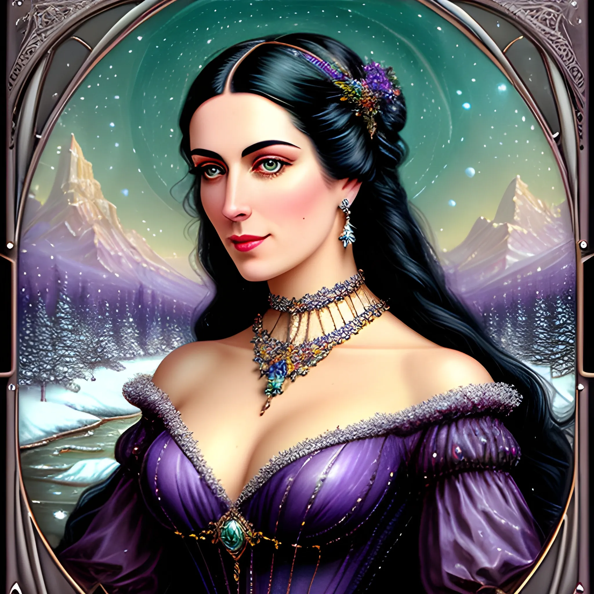 Lilac Princess, beautiful woman wears a lavender sequined dress. She has long, sleek black hair, and stands in front of snow-covered pine trees and an icy river. Her features are symmetrical, lovely, and anatomically correct. She wears amethyst jewelry. Lips are soft, in a slight smile; behind her a cityscape, and full smooth moon in a nebula sky, clouds; fantasy, Vintage Art, 16k resolution, intricately detailed, Renaissance, Chromolithography Soft Shading; ethereal fantasy, realistic oil painting. Victorian era, glitter, old fashioned, vintage, antique, renaissance, gothic, eldritch, highly intricate, sophisticated and complex digital painting, concept art, hyperrealism, Cinema 4D, 8k resolution, 64 megapixels, CGSociety, ZBrushCentral, behance HD, hypermaximalist, parallax
