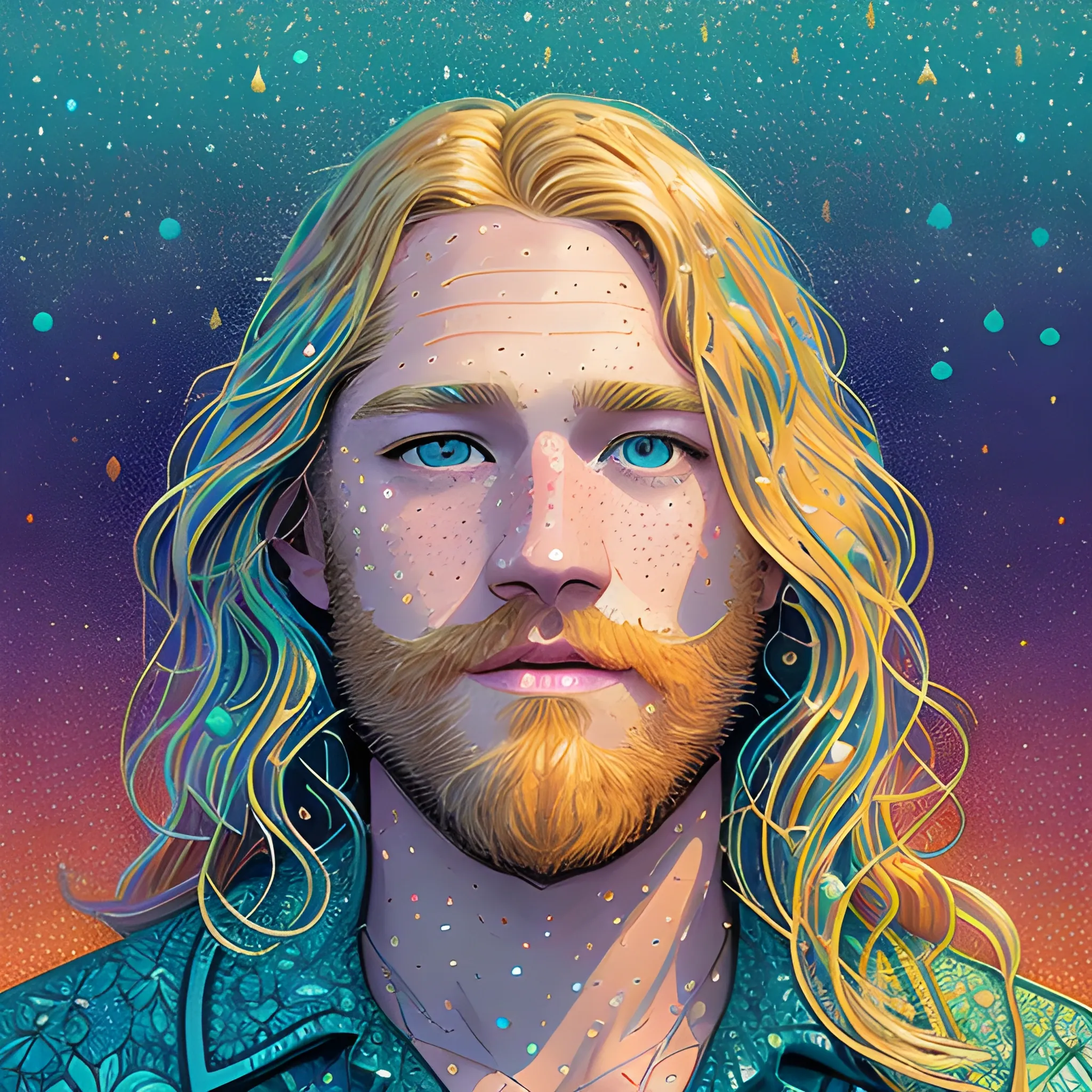 Wyatt Russell, his highly detailed, softly freckled handsome face, teal-green eyes, meticulously detailed long blond hair; by James R. Eads, Fausto-Giurescu, Tania Rivilis, Dan Mumford; luminous colorful sparkles, glitter, airbrush, depth of field, volumetric lighting, downtown