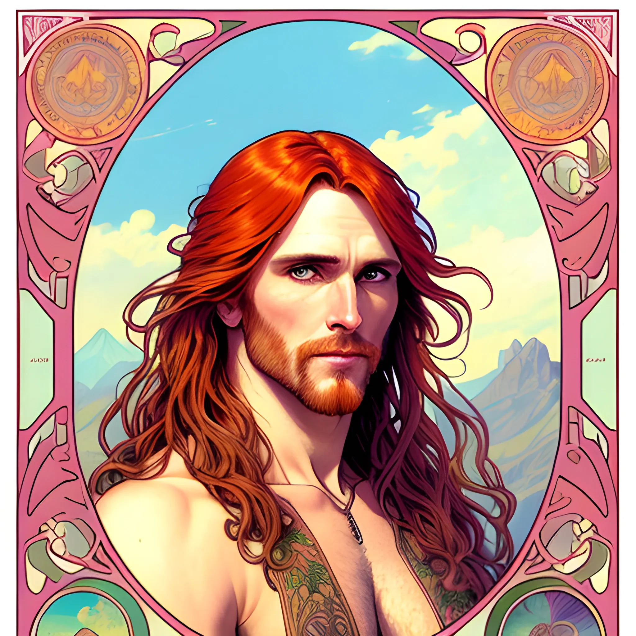 young Malachai of the Corn, his highly detailed, softly freckled handsome face, his clean, clear eyes, meticulously detailed, multi-hued, long red hair; hippie, pirate, he gazes far-away to the forest; pink, yellow, across a misty pastel-colored landscape, clouds; fantasy, Vintage Art, 8k resolution art Nouveau poster; Alphonse Mucha, Artgerm, WLOP, Illustration intricately detailed, trending on Artstation, Renaissance, triadic colors, Chromolithography Soft Shading