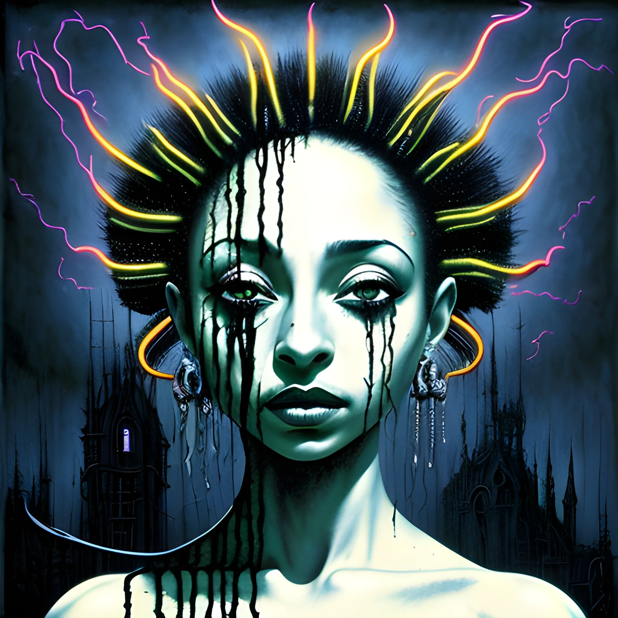  Masterpiece, scenic; Sade Adu; neon spray paint, acrylic paint, fantastical surrealist world, in the style of Stephen Gammell and Shawn Coss, extremely detailed, sick, gothic, eldritch