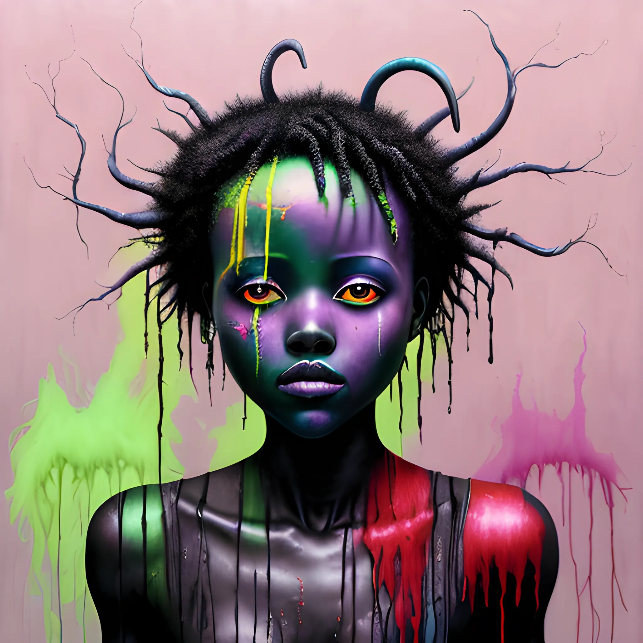  Masterpiece, scenic; Lupita Nyong'o; neon spray paint, acrylic paint, fantastical surrealist world, in the style of Stephen Gammell and Shawn Coss, extremely detailed, sick, gothic, eldritch