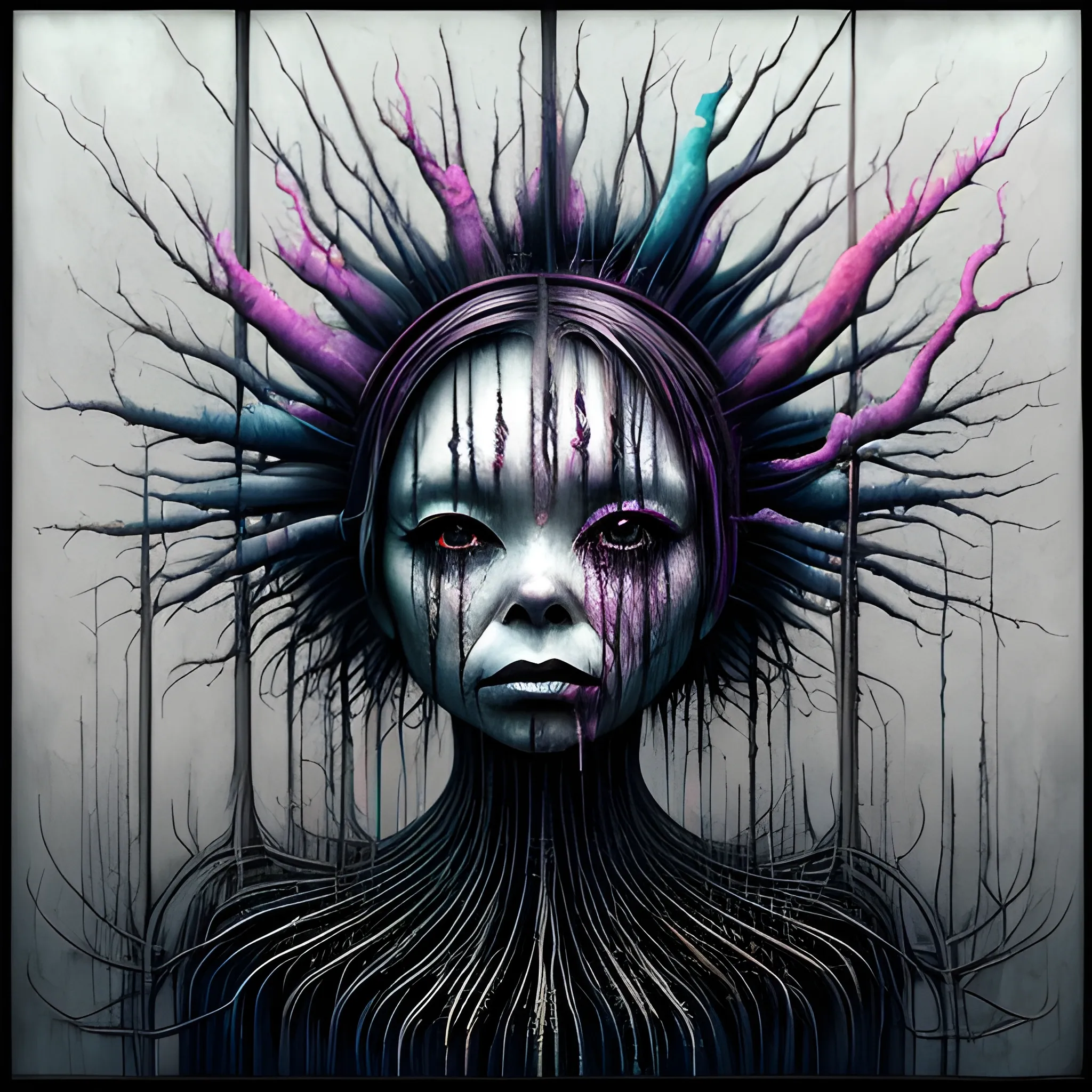  Masterpiece, scenic; Bjork; neon spray paint, acrylic paint, fantastical surrealist world, in the style of Stephen Gammell and Shawn Coss, extremely detailed, sick, gothic, eldritch