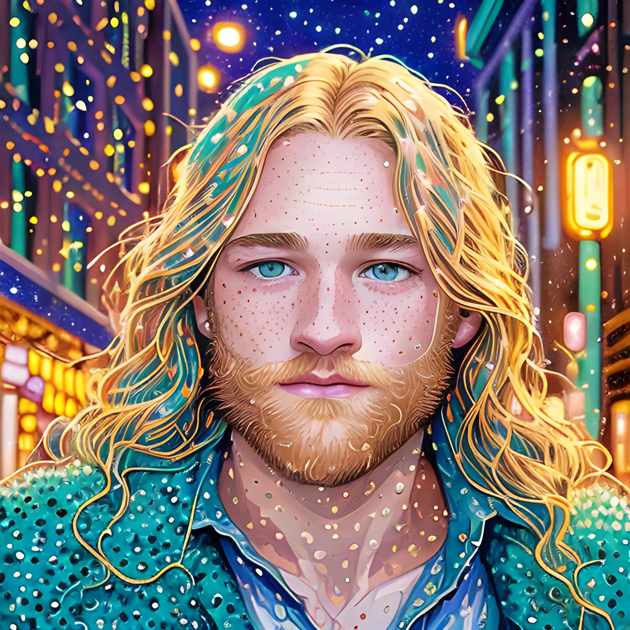 Wyatt Russell, his highly detailed, softly freckled handsome face, teal-green eyes, meticulously detailed long blond hair; by James R. Eads, Fausto-Giurescu, Tania Rivilis, Dan Mumford; luminous colorful sparkles, glitter, airbrush, depth of field, volumetric lighting, downtown