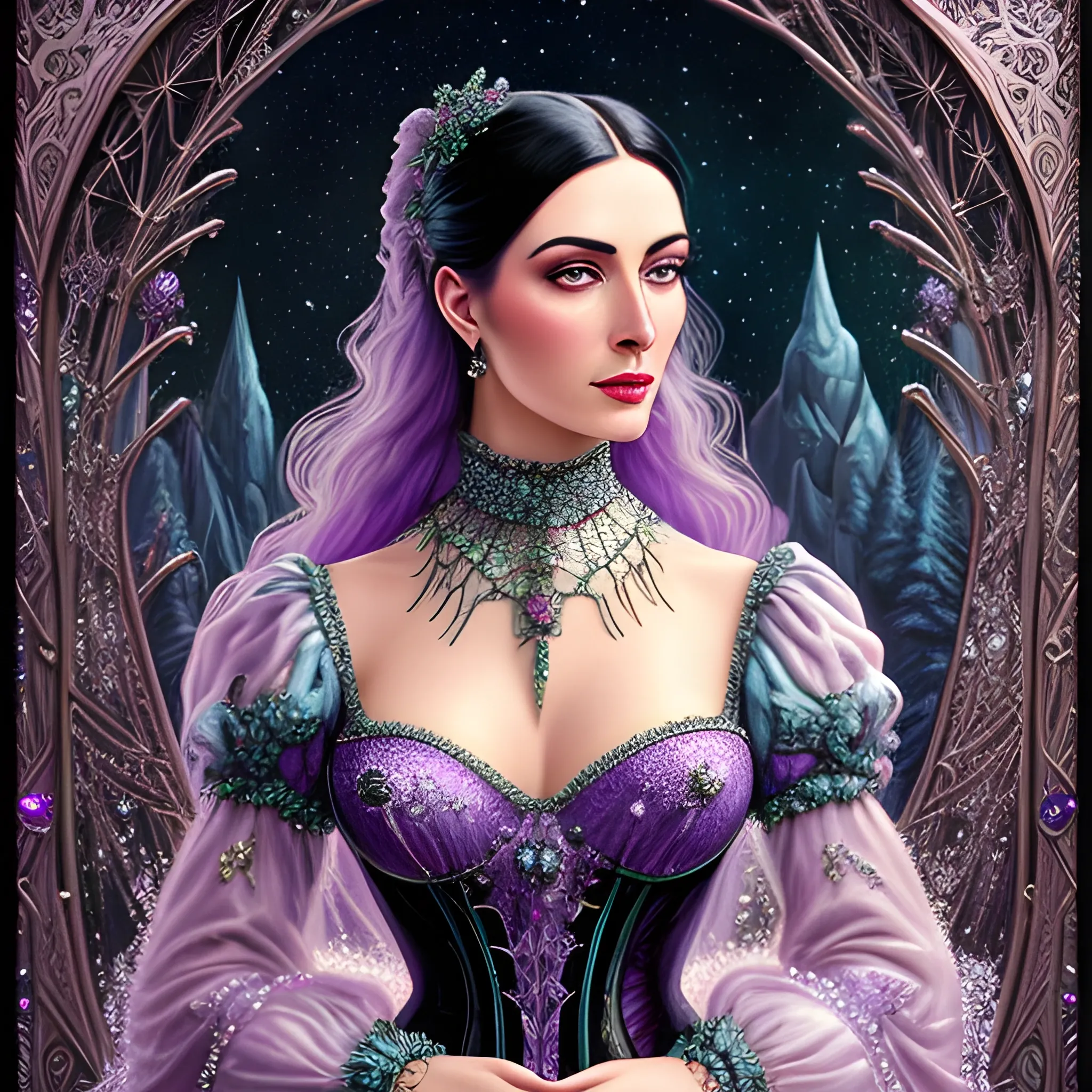 Lilac Princess, beautiful woman wears a lavender sequined dress. She has long, sleek black hair, and stands in front of snow-covered pine trees and an icy river. Her features are symmetrical, lovely, and anatomically correct. She wears amethyst jewelry. Lips are soft, in a slight smile; behind her a cityscape, and full smooth moon in a nebula sky, clouds; fantasy, Vintage Art, 16k resolution, intricately detailed, Renaissance, Chromolithography Soft Shading; ethereal fantasy, realistic oil painting. Victorian era, glitter, old fashioned, vintage, antique, renaissance, gothic, eldritch, highly intricate, sophisticated and complex digital painting, concept art, hyperrealism, Cinema 4D, 8k resolution, 64 megapixels, CGSociety, ZBrushCentral, behance HD, hypermaximalist, parallax
