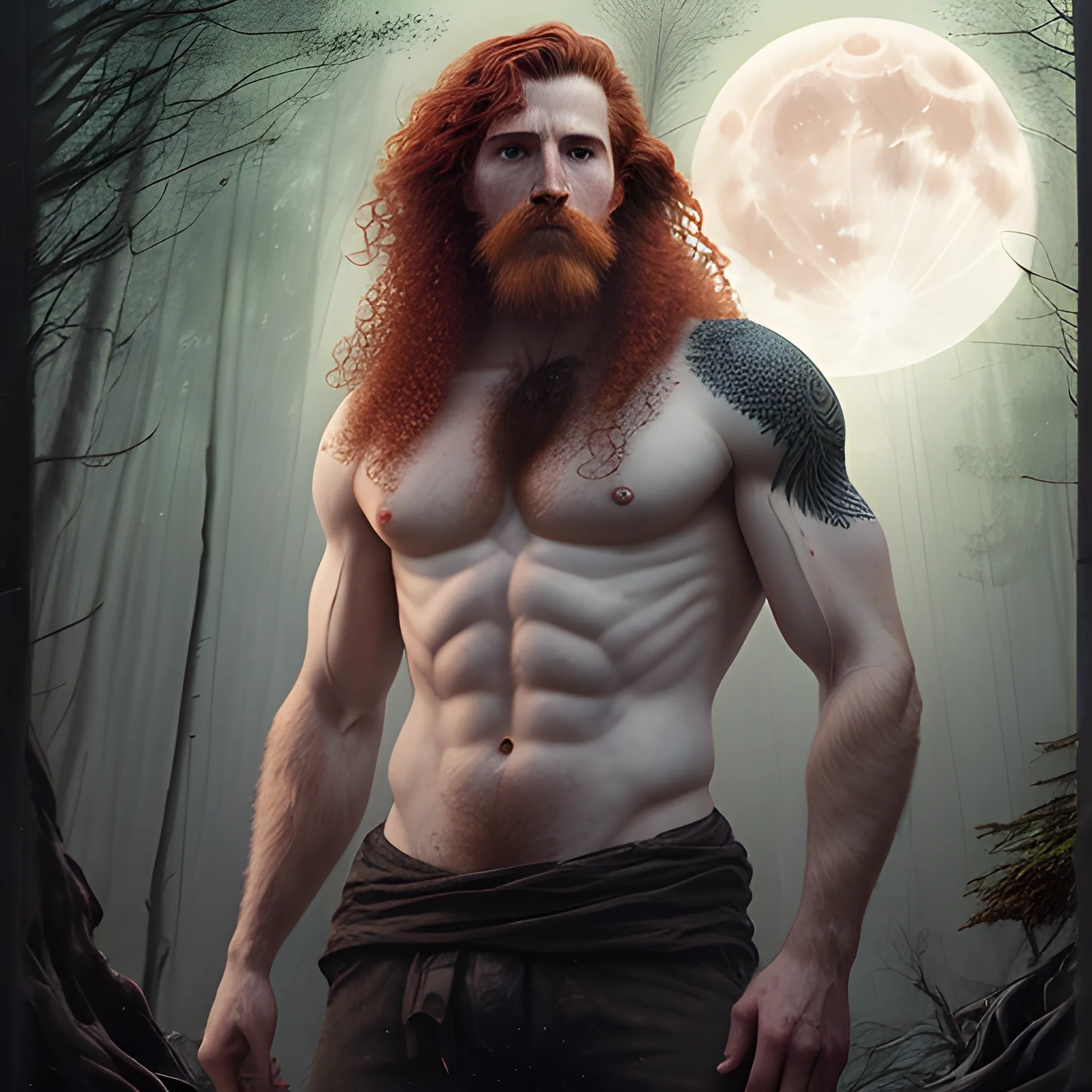 Gwilym Pugh, long red curly hair, chiseled, handsome highly detailed symmetrical face, freckles, perfect face, hyperdetailed eyes and an athletic, masculine body, under a painted neblua sky, full moon; deep forest, spooky ambiance, by gaston bussiere, craig mullins, j. c. leyendecker