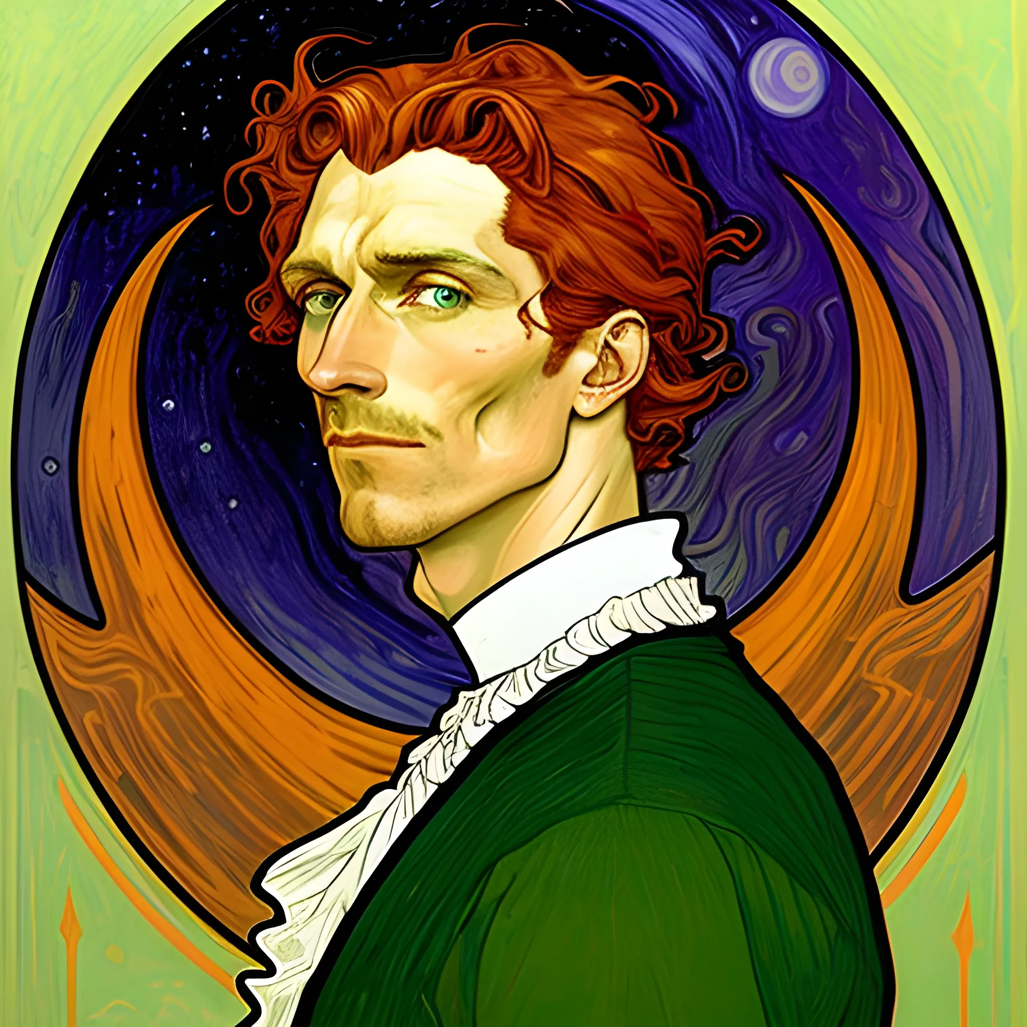 Painting of a handsome young delicate beautiful softly freckled man in his 20s with green eyes and very long, curly red hair flowing down his shoulders and back, at the giant jack o'lantern halloween party; pumpkins, perfect purple pumpkins, green skulls, orange bats, magic, candles, neon spray paint, acrylic paint, fantastical, elegant, stylized art, under a painted nebula sky, full moon; bats, pumpkins, spooky ambiance, Halloween Night art by alphonse mucha, vincent van gogh, egon schiele