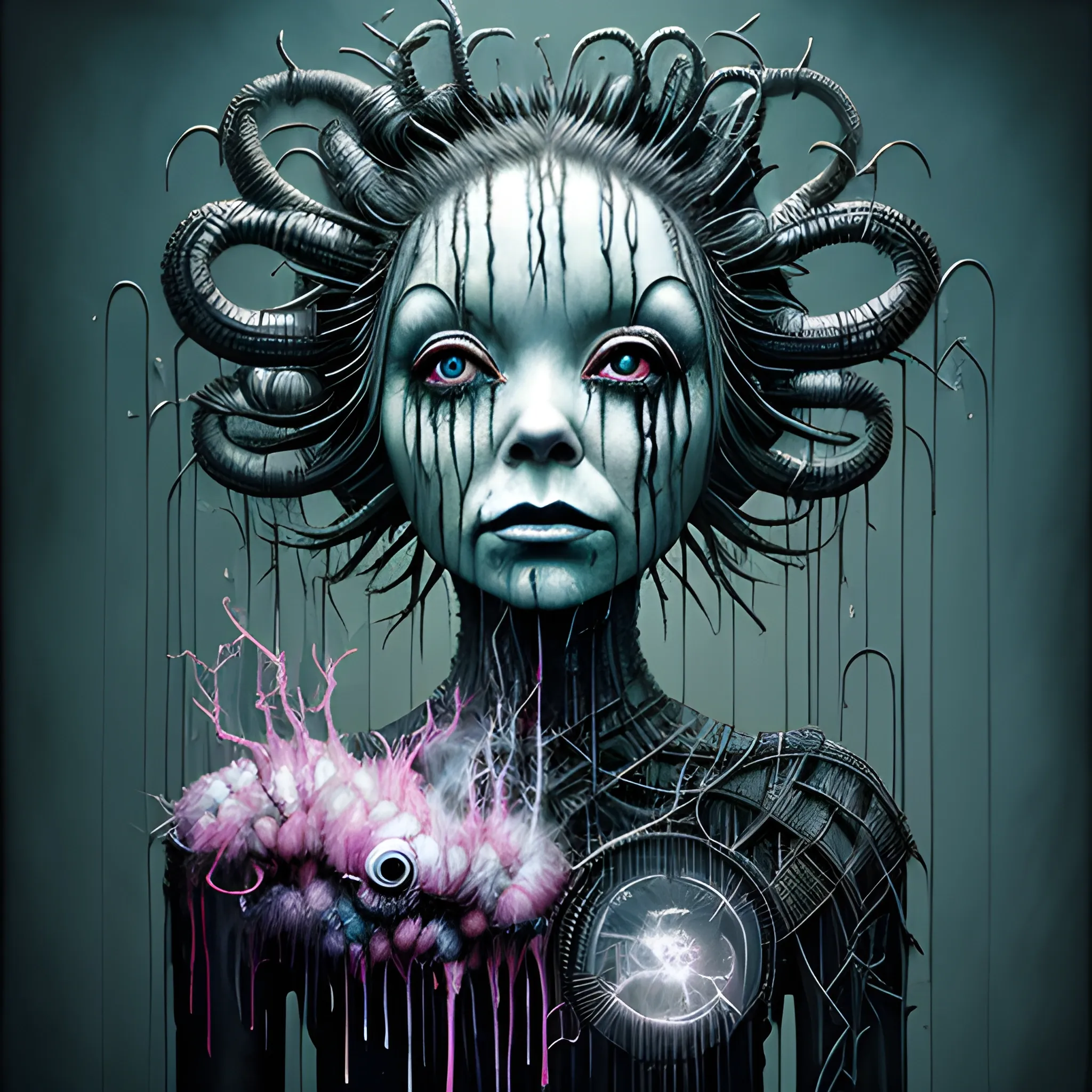  Masterpiece, scenic; Bjork; neon spray paint, acrylic paint, fantastical surrealist world, in the style of Stephen Gammell and Shawn Coss, extremely detailed, sick, gothic, eldritch