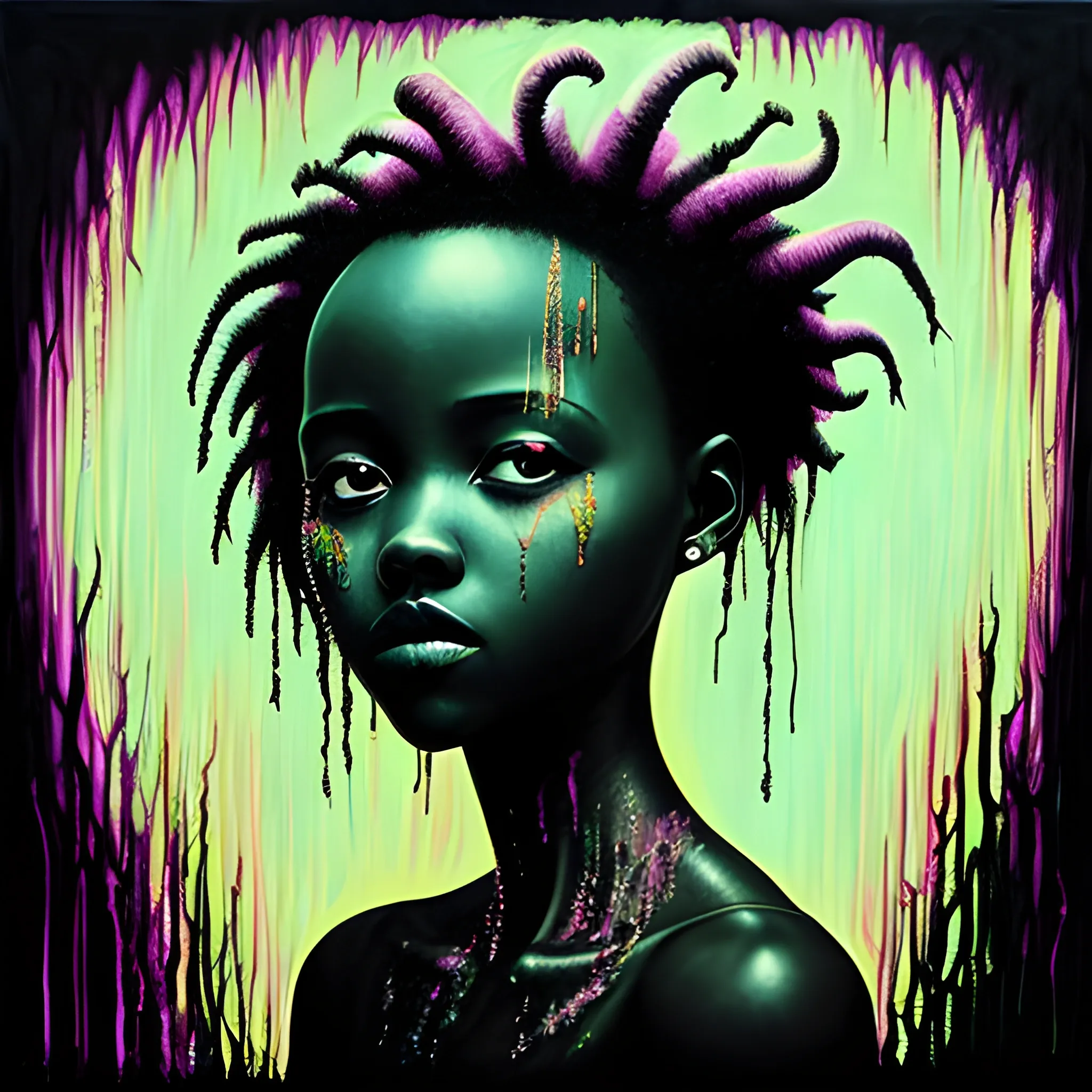  Masterpiece, scenic; Lupita Nyong'o; neon spray paint, acrylic paint, fantastical surrealist world, in the style of Stephen Gammell and Shawn Coss, extremely detailed, sick, gothic, eldritch