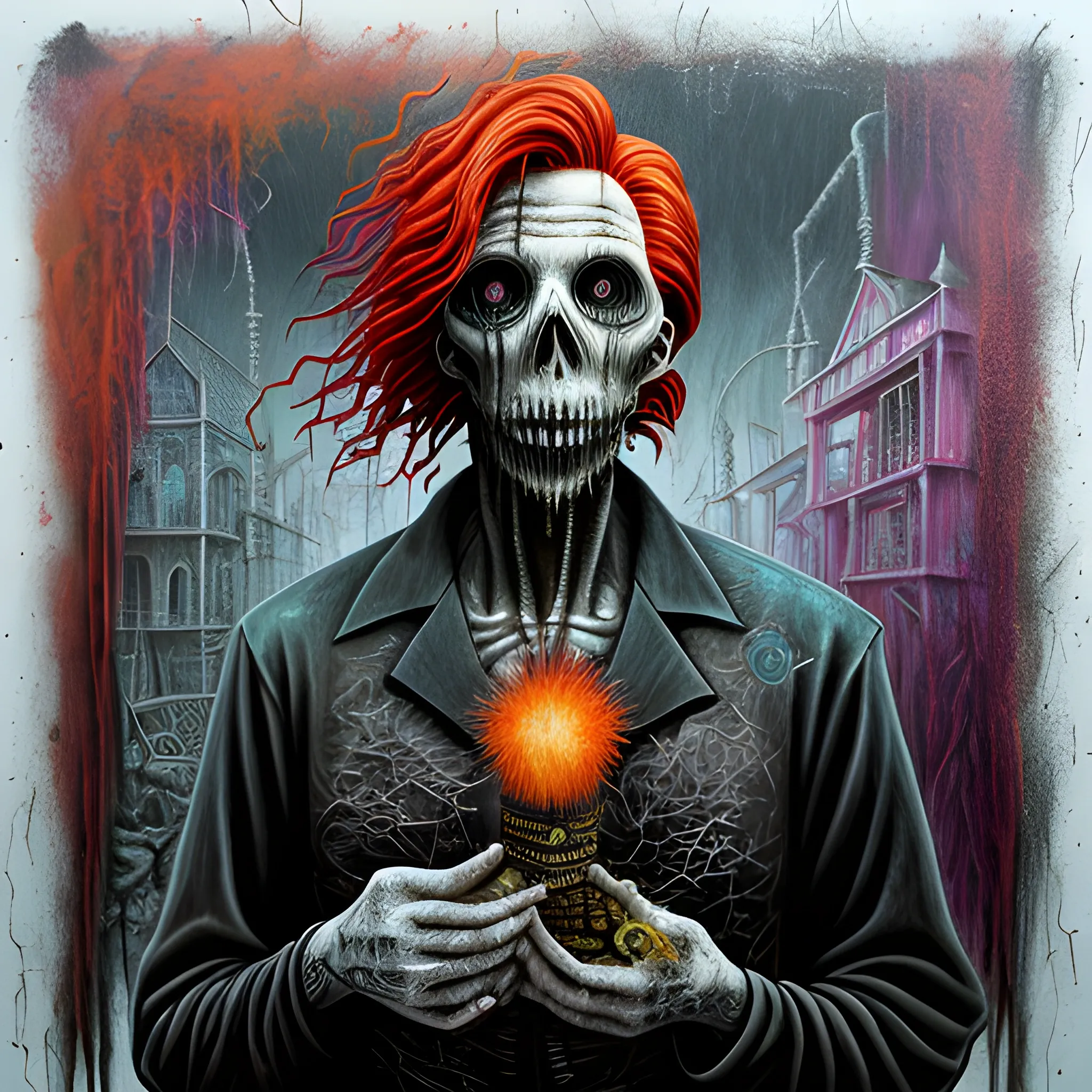  Masterpiece, scenic; redhead Courtney Gains; corn; neon spray paint, acrylic paint, fantastical surrealist world, in the style of Stephen Gammell and Shawn Coss, extremely detailed, sick, gothic, eldritch; macabre, extreme color