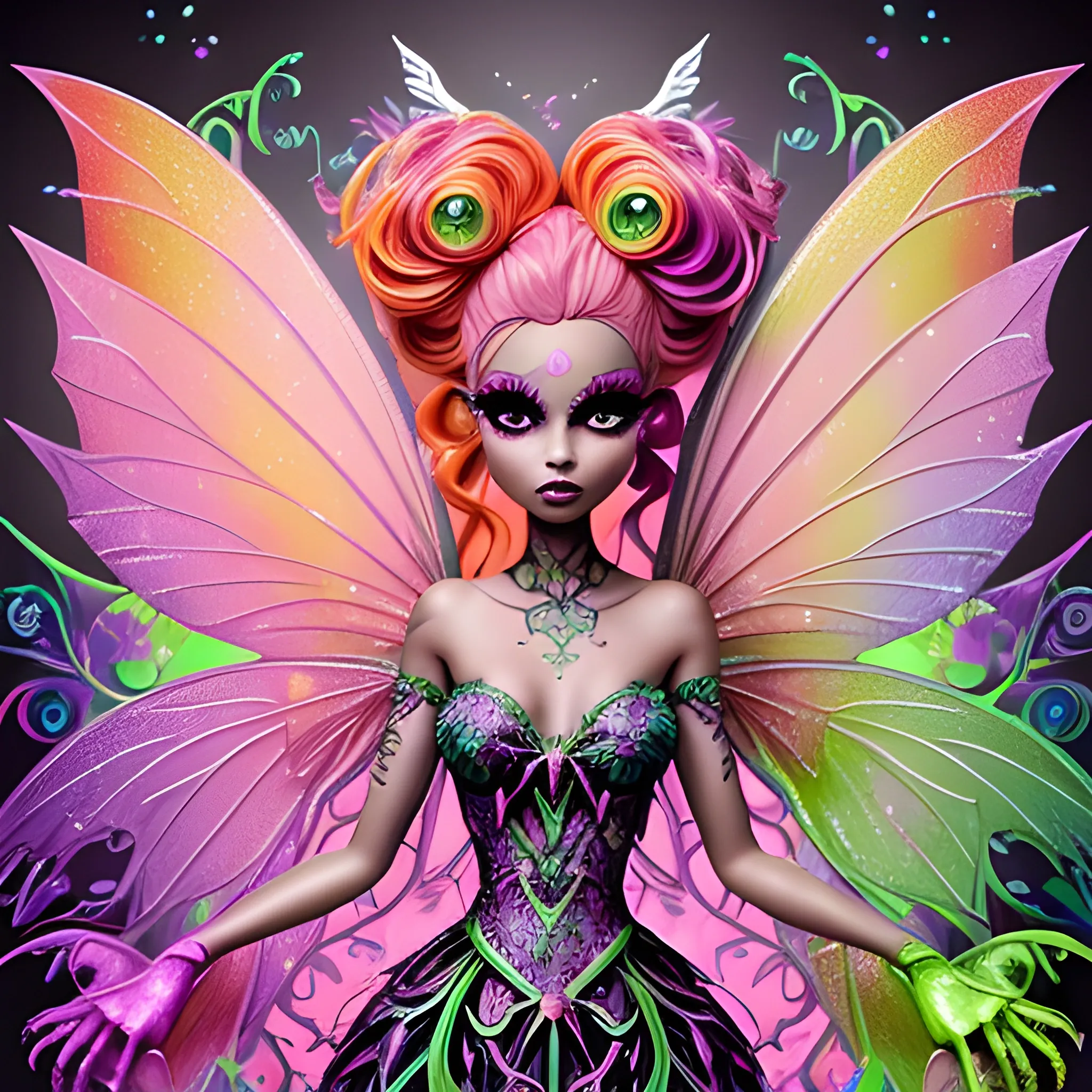  Mythical Fairy: monster High doll: vines: woman: fairy wings: forest: nature: orange and pink: detailed: glitter, airbrush, luminous color sparkles; graffiti art, splash art, street art, spray paint, oil gouache melting, acrylic, high contrast, colorful polychromatic, ultra detailed, ultra quality, CGSociety, 3D