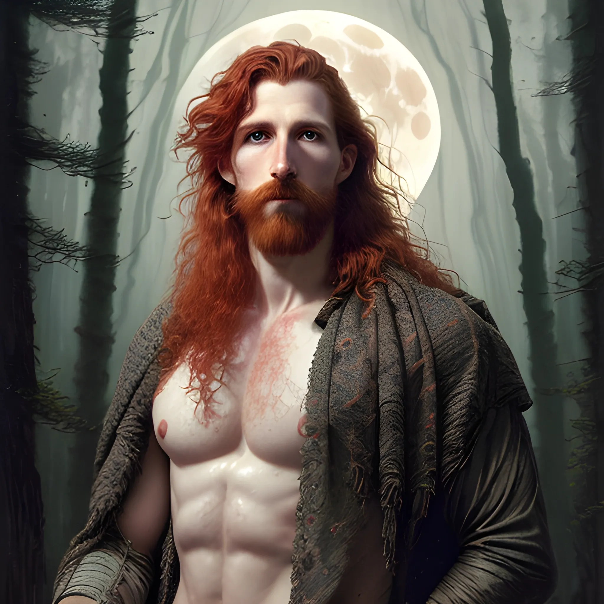 Gwilym Pugh, long red curly hair, chiseled, handsome highly detailed symmetrical face, freckles, perfect face, hyperdetailed eyes and an athletic, long, lean masculine body, under a painted neblua sky, full moon; deep forest, spooky ambiance, by gaston bussiere, craig mullins, j. c. leyendecker