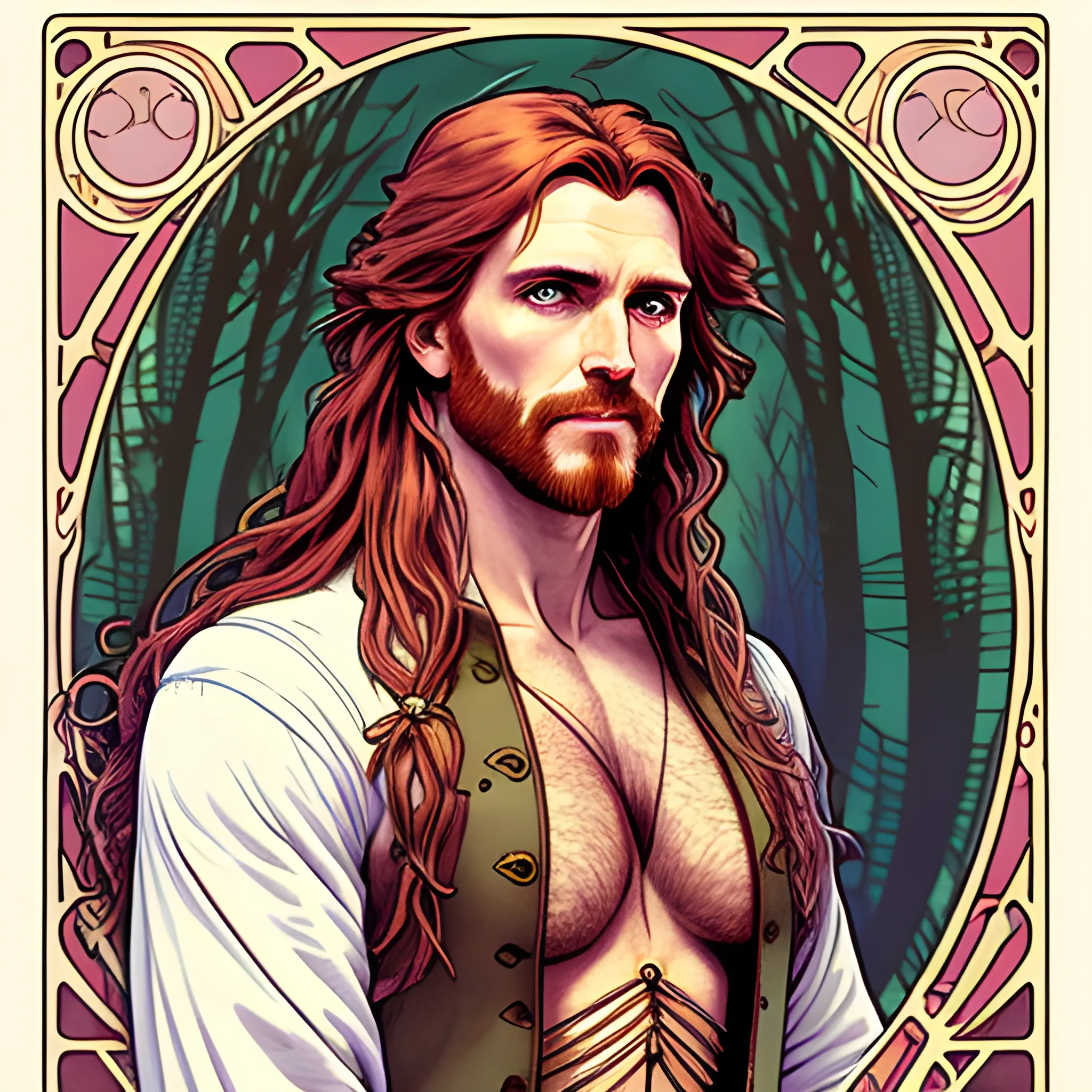 young Malachai of the Corn, his highly detailed, softly freckled handsome face, his clean, clear eyes, meticulously detailed, multi-hued, long red hair; hippie, pirate, he gazes far-away to the forest; pink, yellow, across a misty pastel-colored landscape, clouds; fantasy, Vintage Art, 8k resolution art Nouveau poster; Alphonse Mucha, Artgerm, WLOP, Illustration intricately detailed, trending on Artstation, Renaissance, triadic colors, Chromolithography Soft Shading