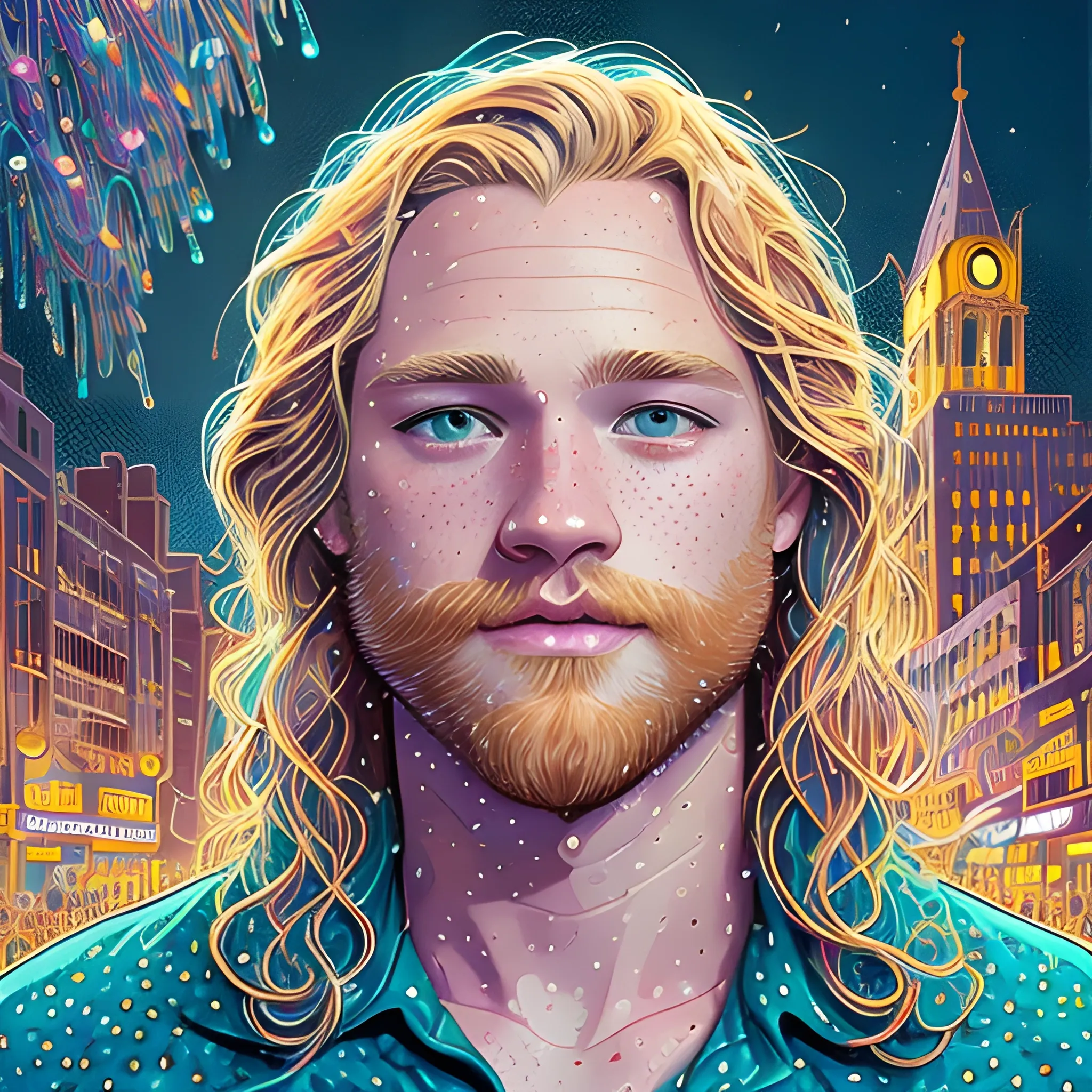 Wyatt Russell, his highly detailed, softly freckled handsome face, teal-green eyes, meticulously detailed long blond hair; by James R. Eads, Fausto-Giurescu, Tania Rivilis, Dan Mumford; luminous colorful sparkles, glitter, airbrush, depth of field, volumetric lighting, downtown