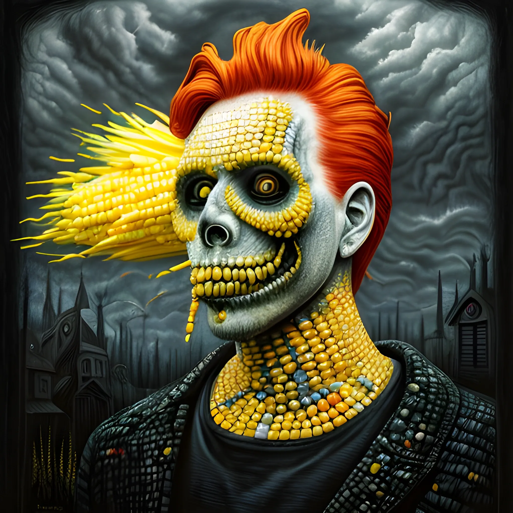  Masterpiece, scenic; redhead Courtney Gains; corn; neon spray paint, acrylic paint, fantastical surrealist world, in the style of Stephen Gammell and Shawn Coss, extremely detailed, sick, gothic, eldritch; macabre, extreme color, corn, corfield, corn on the cob, yellow corn