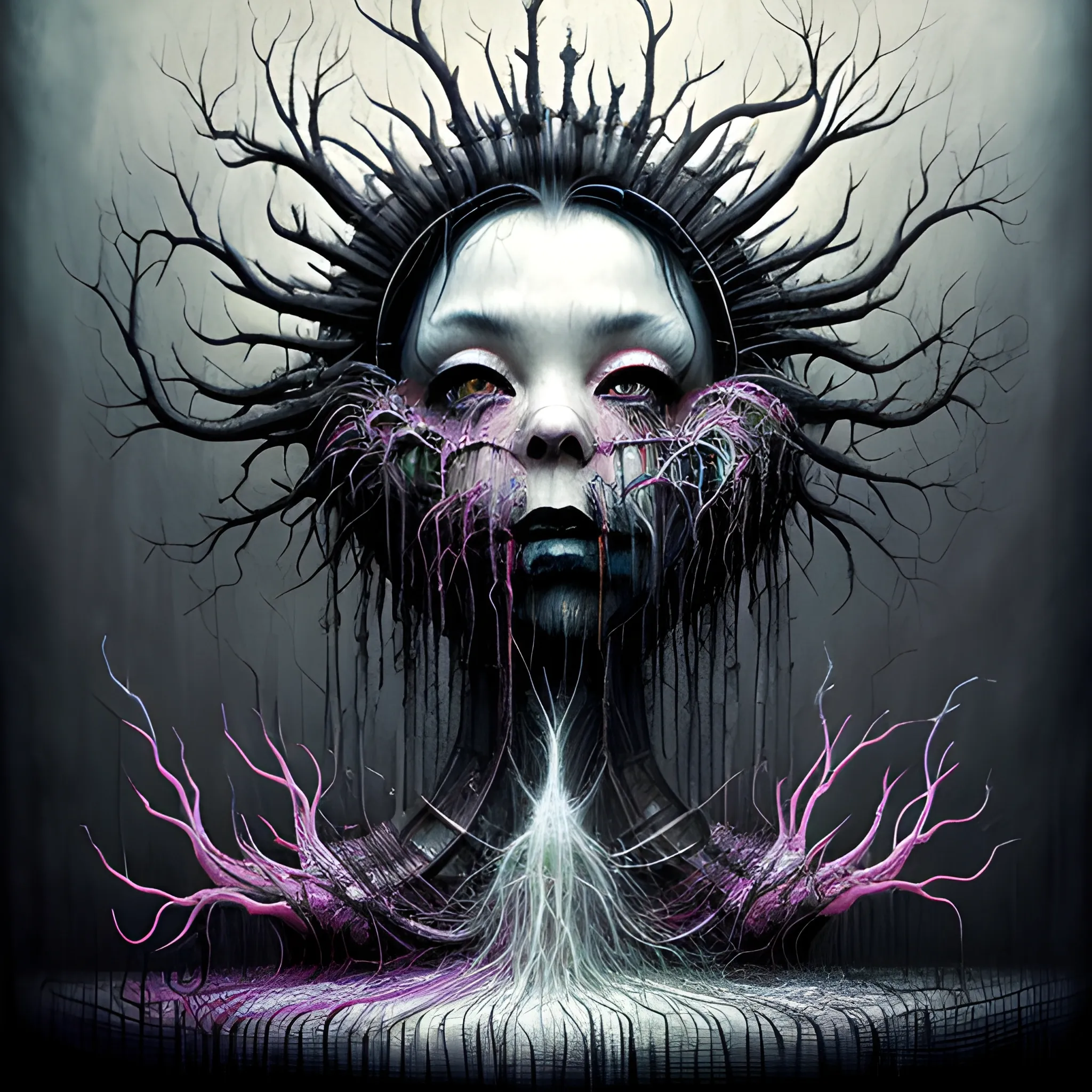  Masterpiece, scenic; Bjork; neon spray paint, acrylic paint, fantastical surrealist world, in the style of Stephen Gammell and Shawn Coss, extremely detailed, sick, gothic, eldritch