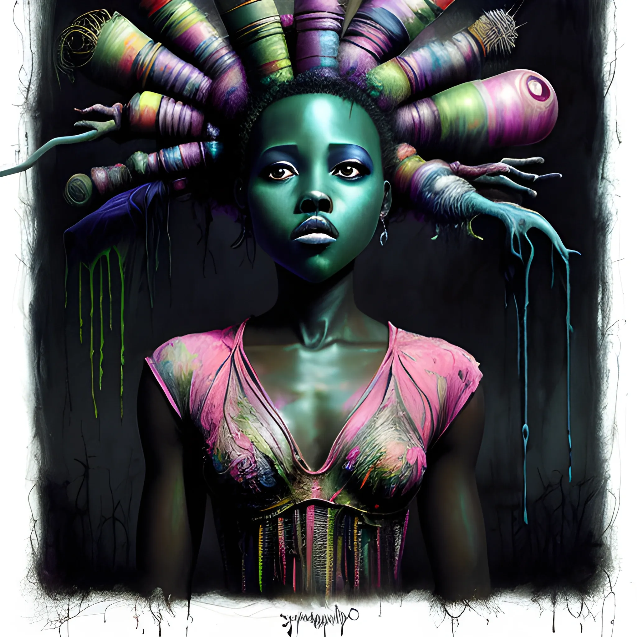  Masterpiece, scenic; Lupita Nyong'o; neon spray paint, acrylic paint, fantastical surrealist world, in the style of Stephen Gammell and Shawn Coss, extremely detailed, sick, gothic, eldritch