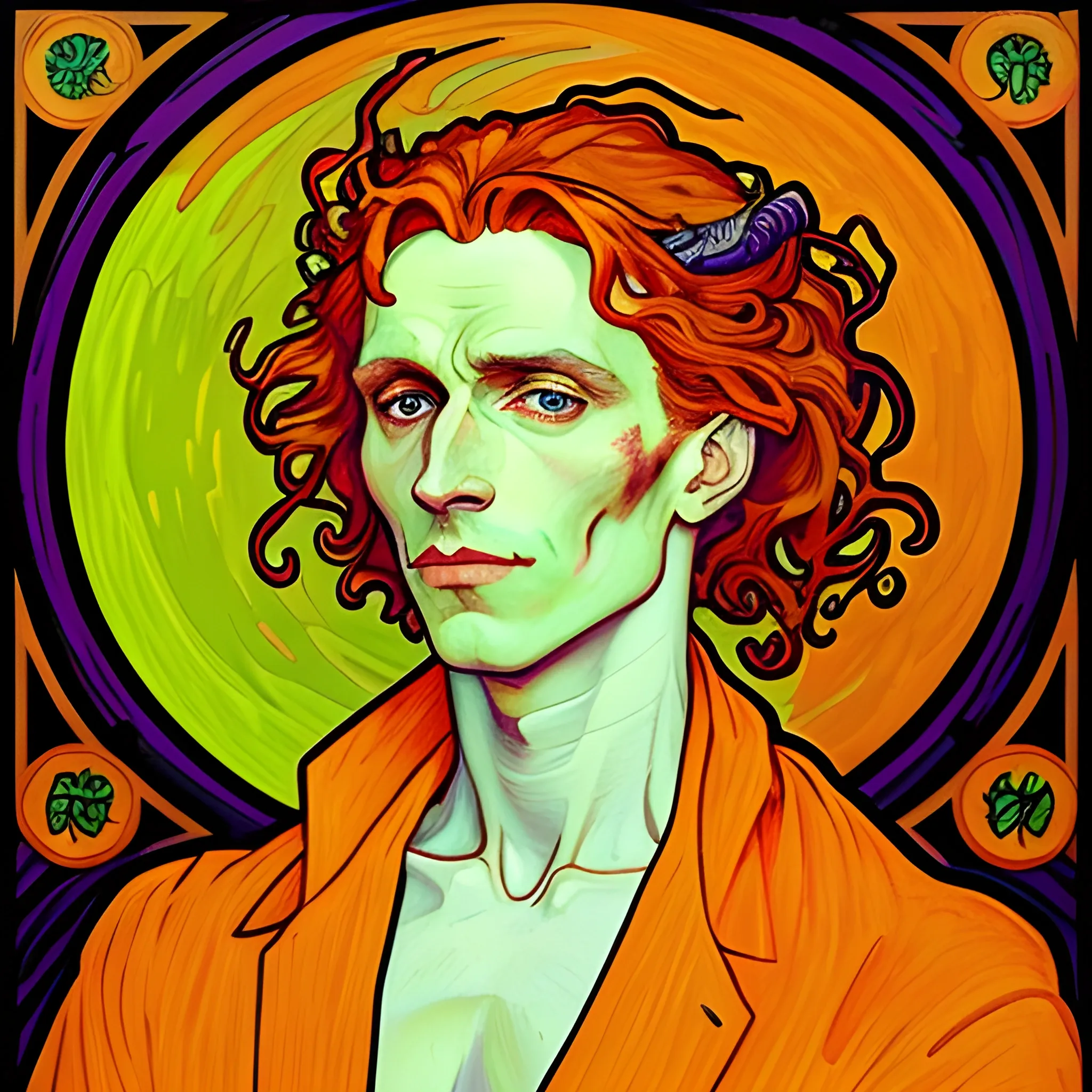 Painting of a handsome young delicate beautiful softly freckled man in his 20s with green eyes and very long, curly red hair flowing down his shoulders and back, at the giant jack o'lantern halloween party; pumpkins, perfect purple pumpkins, green skulls, orange bats, magic, candles, neon spray paint, acrylic paint, fantastical, elegant, stylized art, under a painted nebula sky, full moon; bats, pumpkins, spooky ambiance, Halloween Night art by alphonse mucha, vincent van gogh, egon schiele