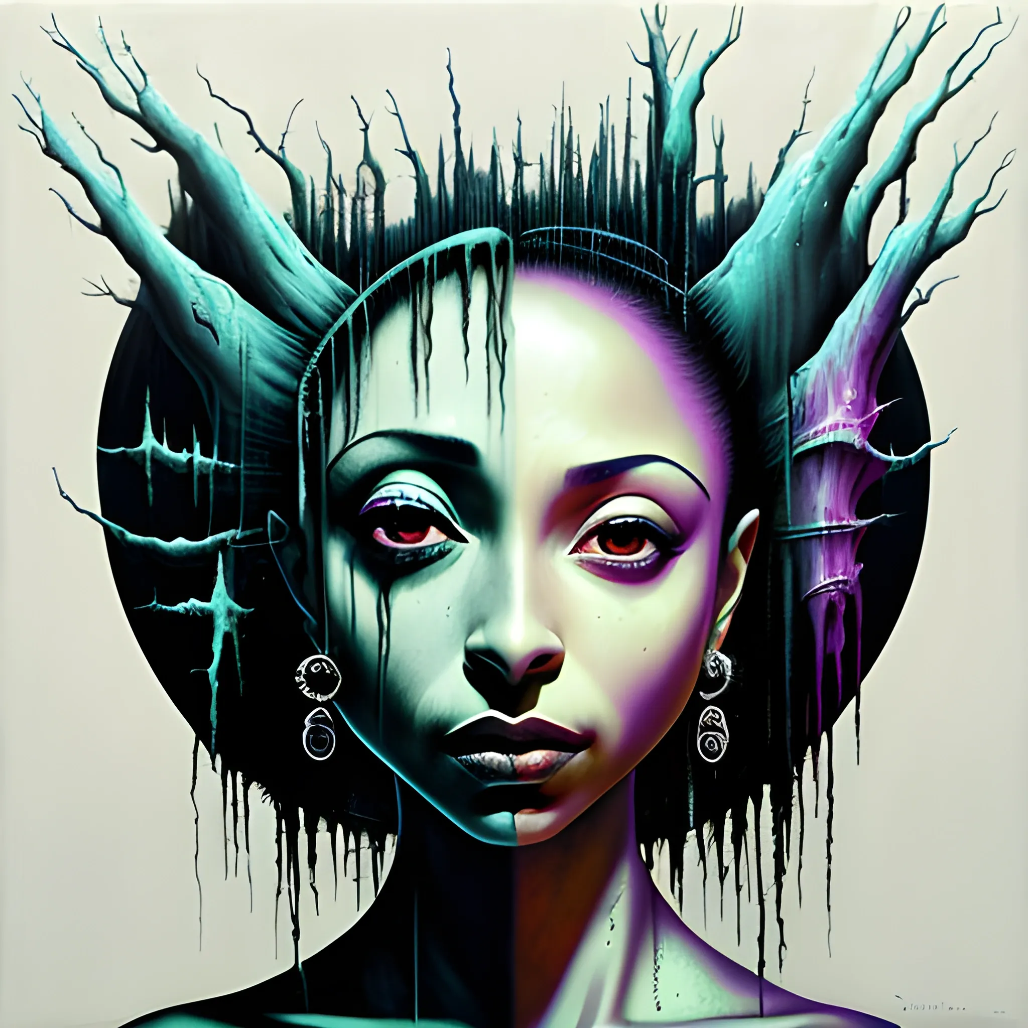  Masterpiece, scenic; Sade Adu; neon spray paint, acrylic paint, fantastical surrealist world, in the style of Stephen Gammell and Shawn Coss, extremely detailed, sick, gothic, eldritch