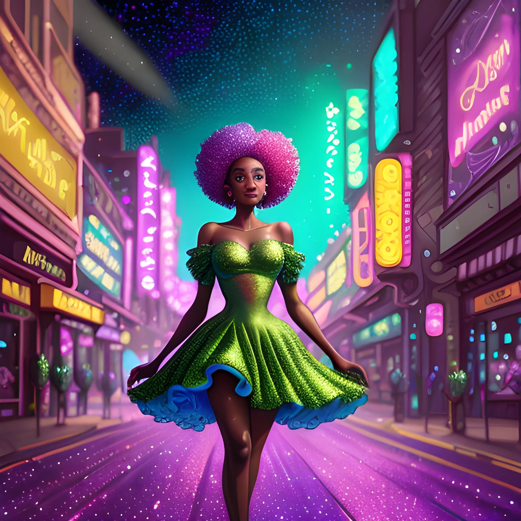 Charlotte Ayanna, perfect, anatomically correct perfect body, highly detailed beautiful face, green midriff dress, meticulously detailed multi-hued long dark curly hair, holding a purple ball in her hand; digital painting, smooth, sharp focus, colorful illustration, art by Lisa Frank, James R. Eads, artgerm and Maxfield Parrish; luminous color sparkles, glitter, neon, airbrush, Unreal Engine 5, Fausto-Giurescu, Tania Rivilis, Dan Mumford; luminous colorful sparkles, glitter, airbrush, depth of field, volumetric lighting, downtown