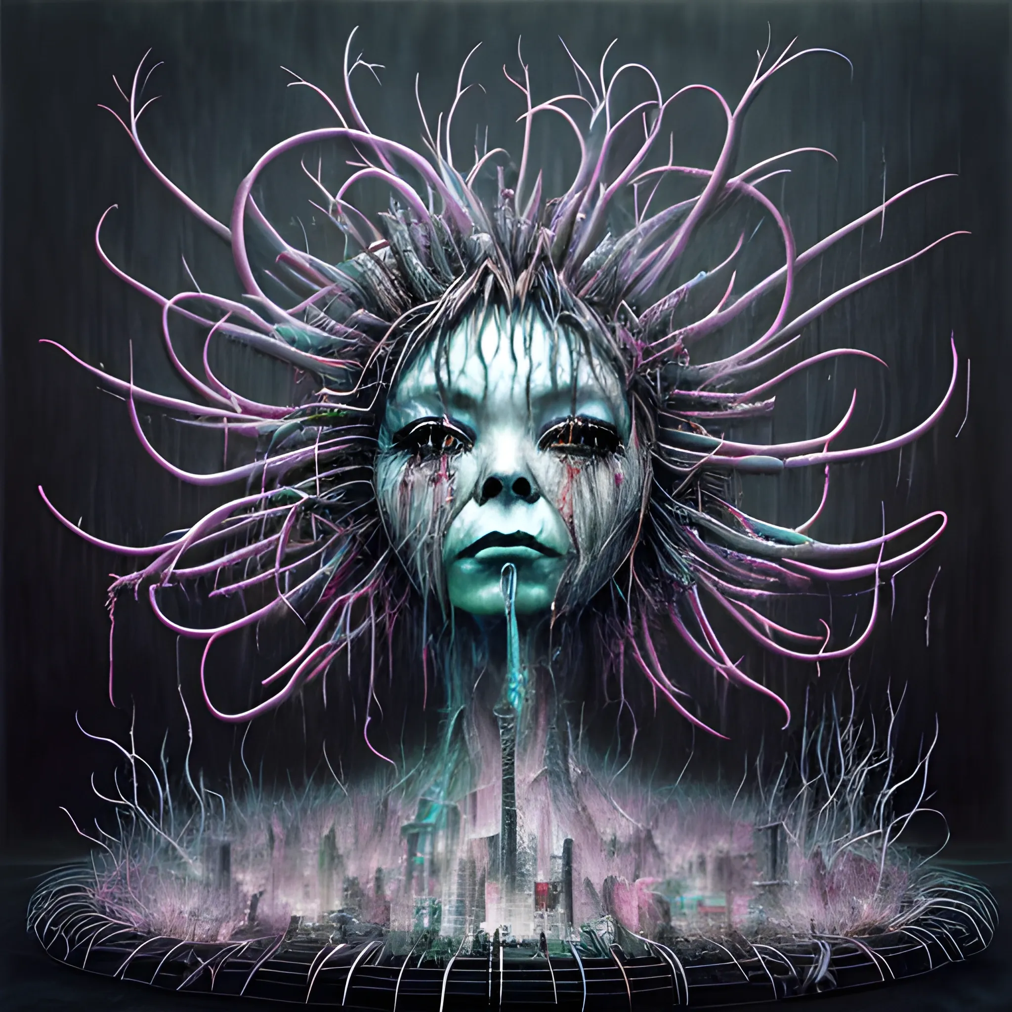  Masterpiece, scenic; Bjork; neon spray paint, acrylic paint, fantastical surrealist world, in the style of Stephen Gammell and Shawn Coss, extremely detailed, sick, gothic, eldritch