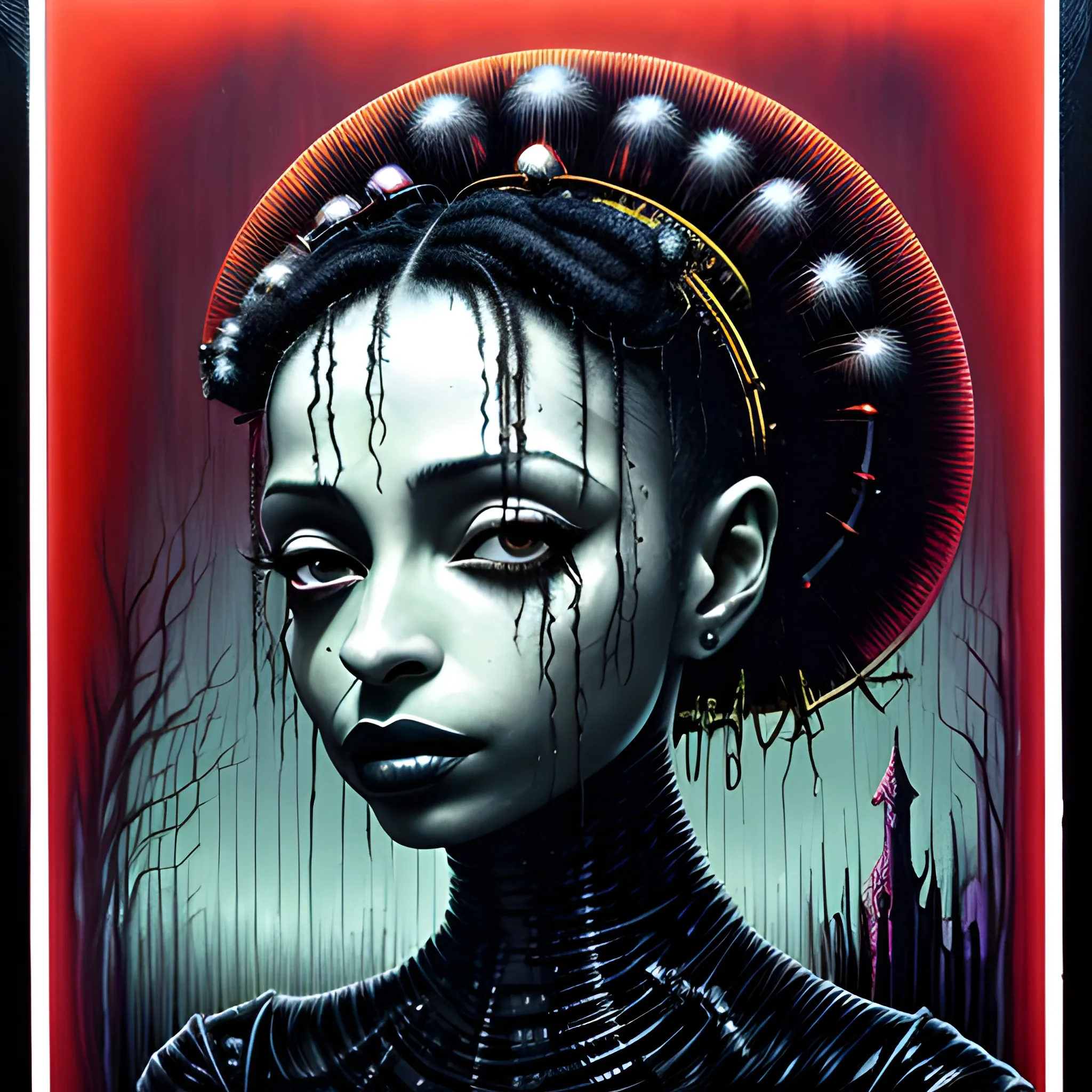  Masterpiece, scenic; Sade Adu; neon spray paint, acrylic paint, fantastical surrealist world, in the style of Stephen Gammell and Shawn Coss, extremely detailed, sick, gothic, eldritch