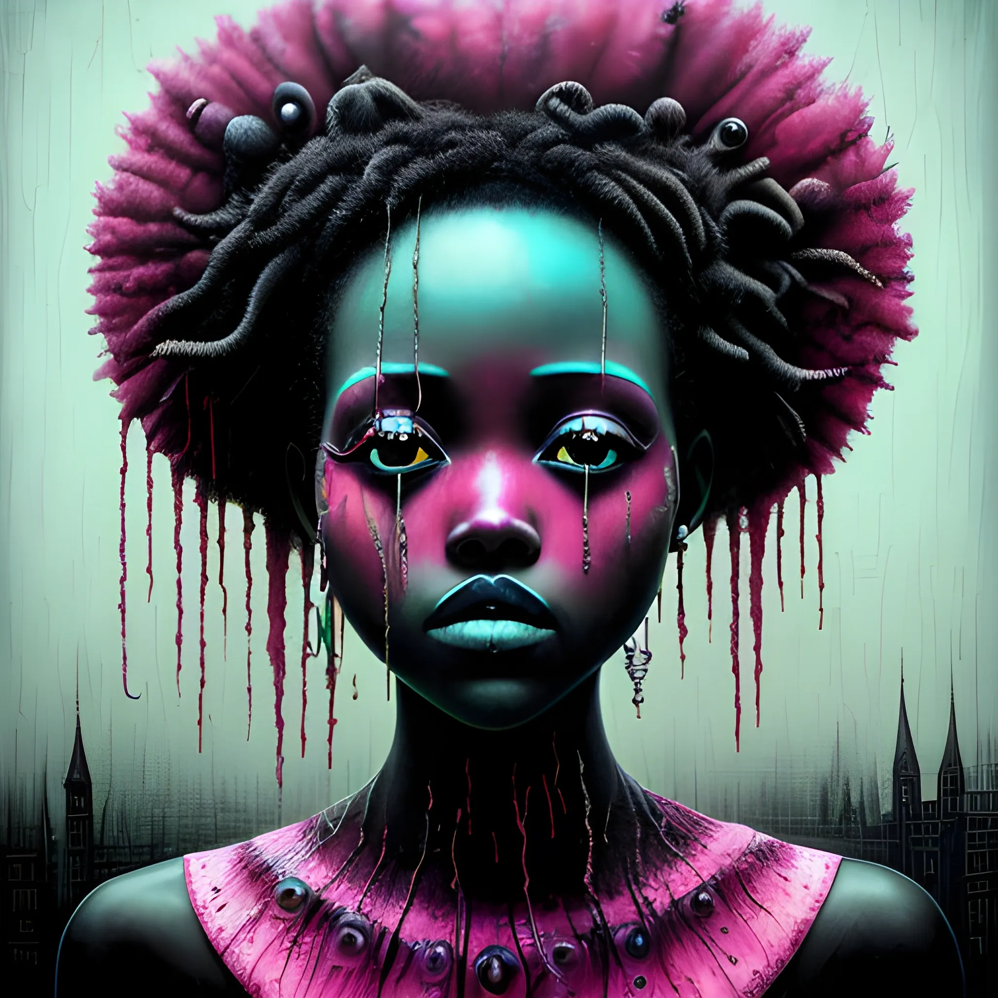  Masterpiece, scenic; Lupita Nyong'o; neon spray paint, acrylic paint, fantastical surrealist world, in the style of Stephen Gammell and Shawn Coss, extremely detailed, sick, gothic, eldritch