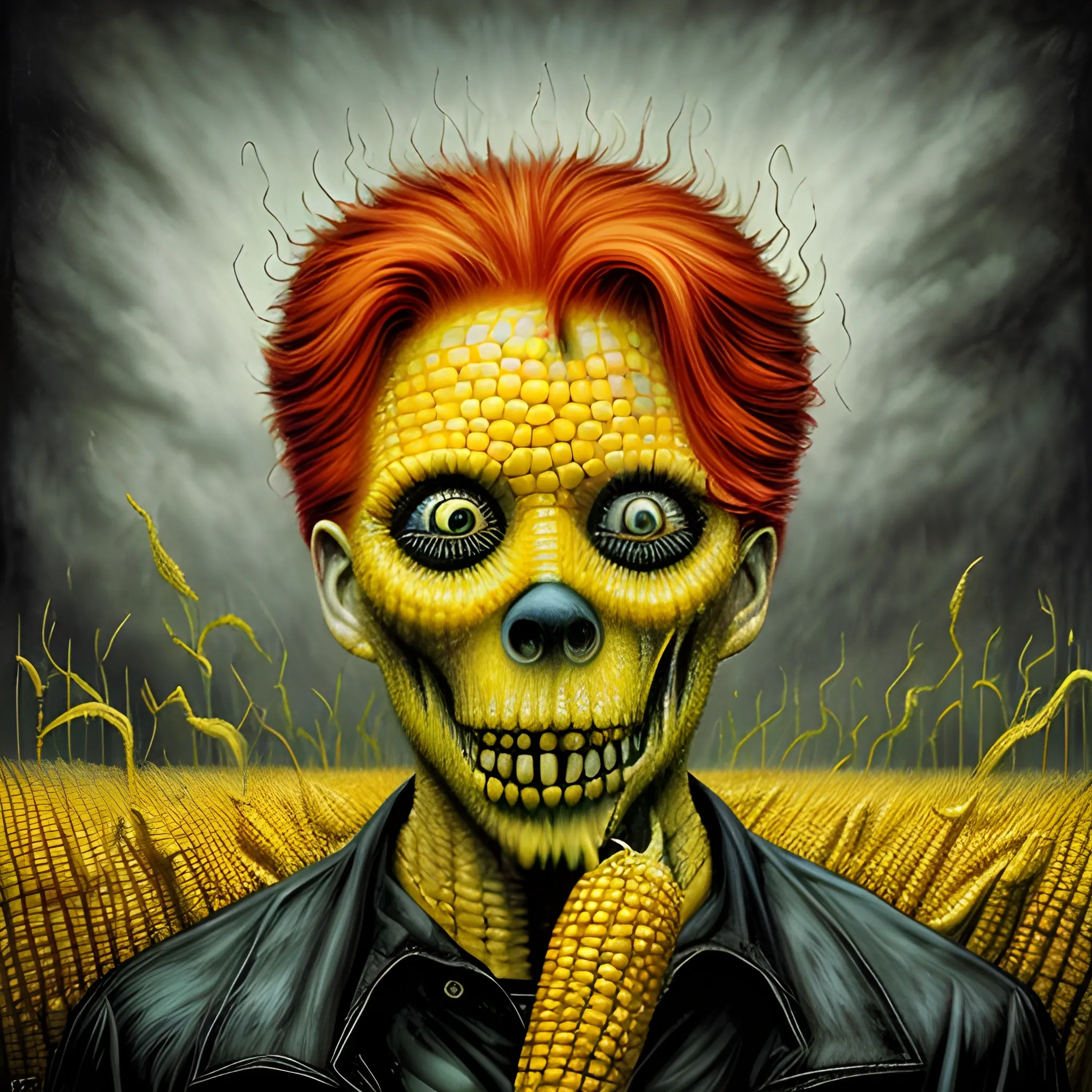  Masterpiece, scenic; redhead Courtney Gains; corn; neon spray paint, acrylic paint, fantastical surrealist world, in the style of Stephen Gammell and Shawn Coss, extremely detailed, sick, gothic, eldritch; macabre, extreme color, corn, corfield, corn on the cob, yellow corn