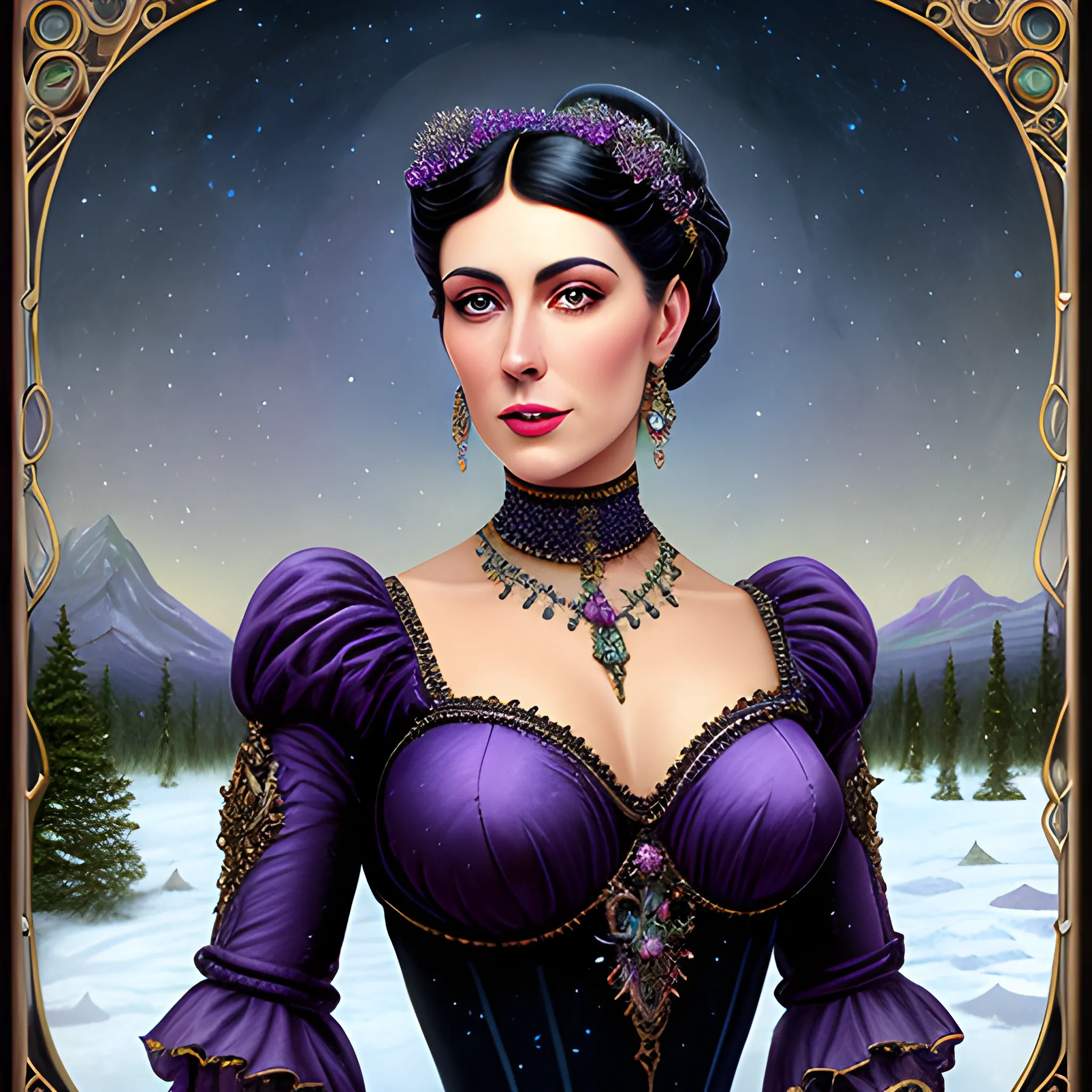 Lilac Princess, beautiful woman wears a lavender sequined dress. She has long, sleek black hair, and stands in front of snow-covered pine trees and an icy river. Her features are symmetrical, lovely, and anatomically correct. She wears amethyst jewelry. Lips are soft, in a slight smile; behind her a cityscape, and full smooth moon in a nebula sky, clouds; fantasy, Vintage Art, 16k resolution, intricately detailed, Renaissance, Chromolithography Soft Shading; ethereal fantasy, realistic oil painting. Victorian era, glitter, old fashioned, vintage, antique, renaissance, gothic, eldritch, highly intricate, sophisticated and complex digital painting, concept art, hyperrealism, Cinema 4D, 8k resolution, 64 megapixels, CGSociety, ZBrushCentral, behance HD, hypermaximalist, parallax
