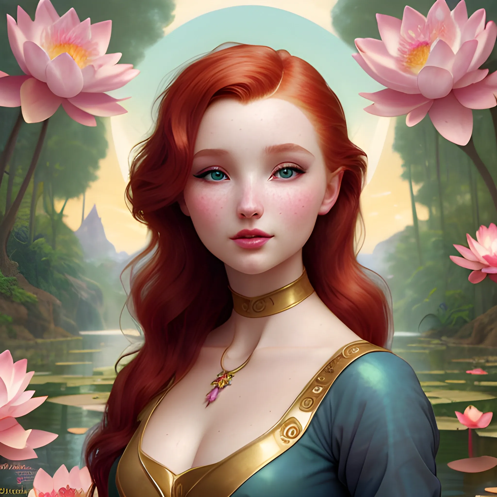 Elsa Hosk / Dove Cameron face morph; beautiful twins at a lotus pond; red hair, gold-hazel eyes; highly detailed beautiful faces; glitter, renaissance; high contrast, pastel, sorbet, pearlescent, Unreal Engine 5; by Dan Parent, Alphonse Mucha, Artgerm, WLOP, intricately detailed, fantasy, bizarre, beautiful, Chromolithography, Soft Shading, Unreal Engine; digital painting, smooth, sharp focus, illustration, art by lisa frank, Steve Goad, Frank Frazetta, William-Adolphe Bouguereau, Unreal Engine 5, Cartoon, 3D, Oil Painting; dark red hair