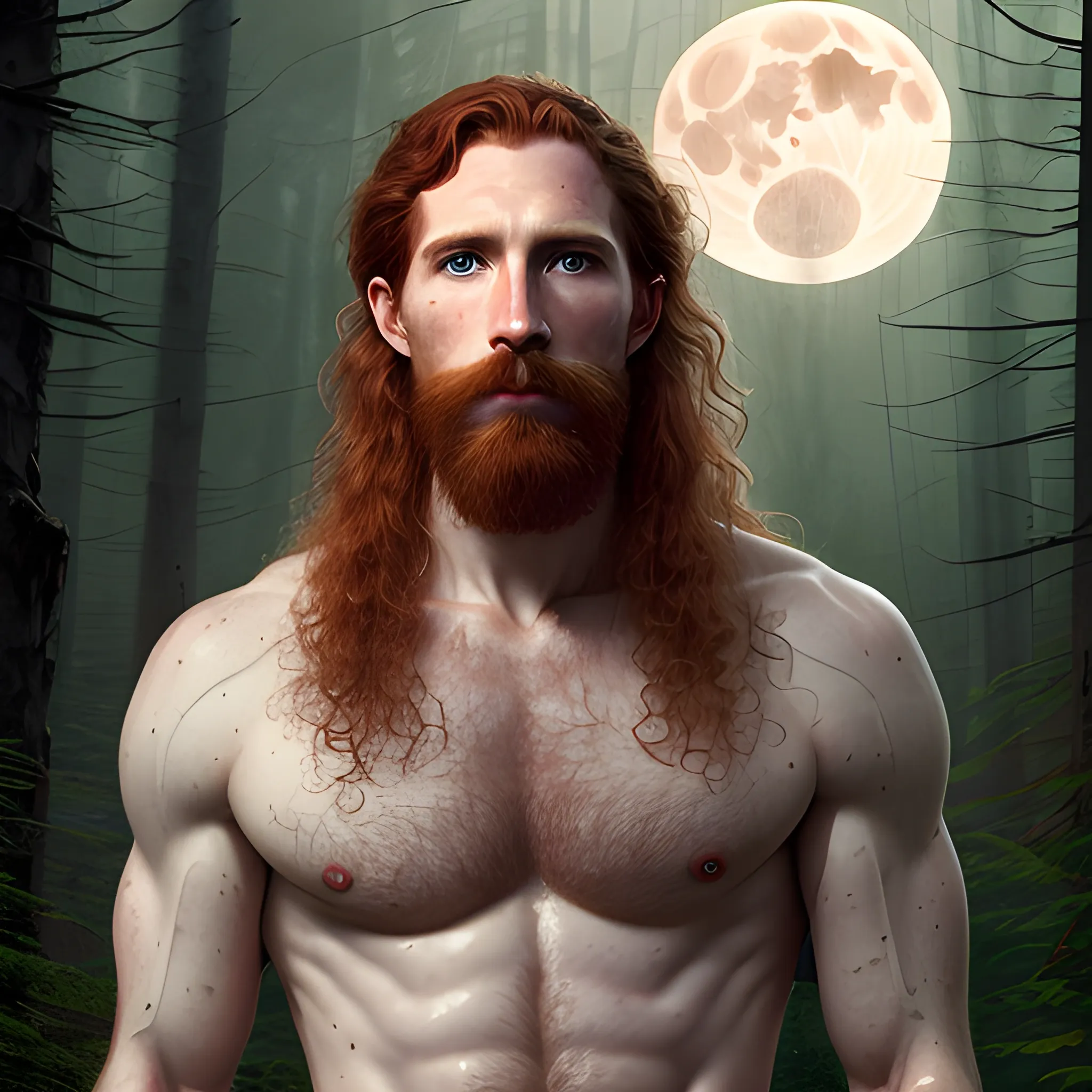 Gwilym Pugh, long red curly hair, chiseled, handsome highly detailed symmetrical face, freckles, perfect face, hyperdetailed eyes and an athletic, long, lean masculine body, under a painted neblua sky, full moon; deep forest, spooky ambiance, by gaston bussiere, craig mullins, j. c. leyendecker