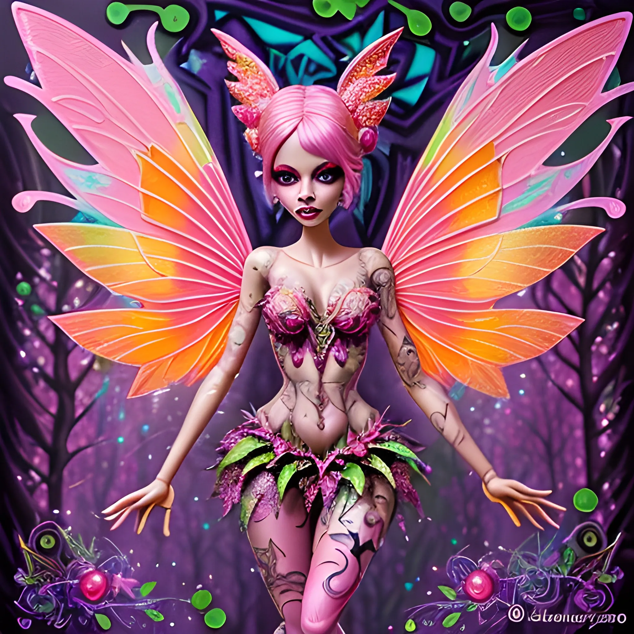  Mythical Fairy: monster High doll: vines: woman: fairy wings: forest: nature: orange and pink: detailed: glitter, airbrush, luminous color sparkles; graffiti art, splash art, street art, spray paint, oil gouache melting, acrylic, high contrast, colorful polychromatic, ultra detailed, ultra quality, CGSociety, 3D