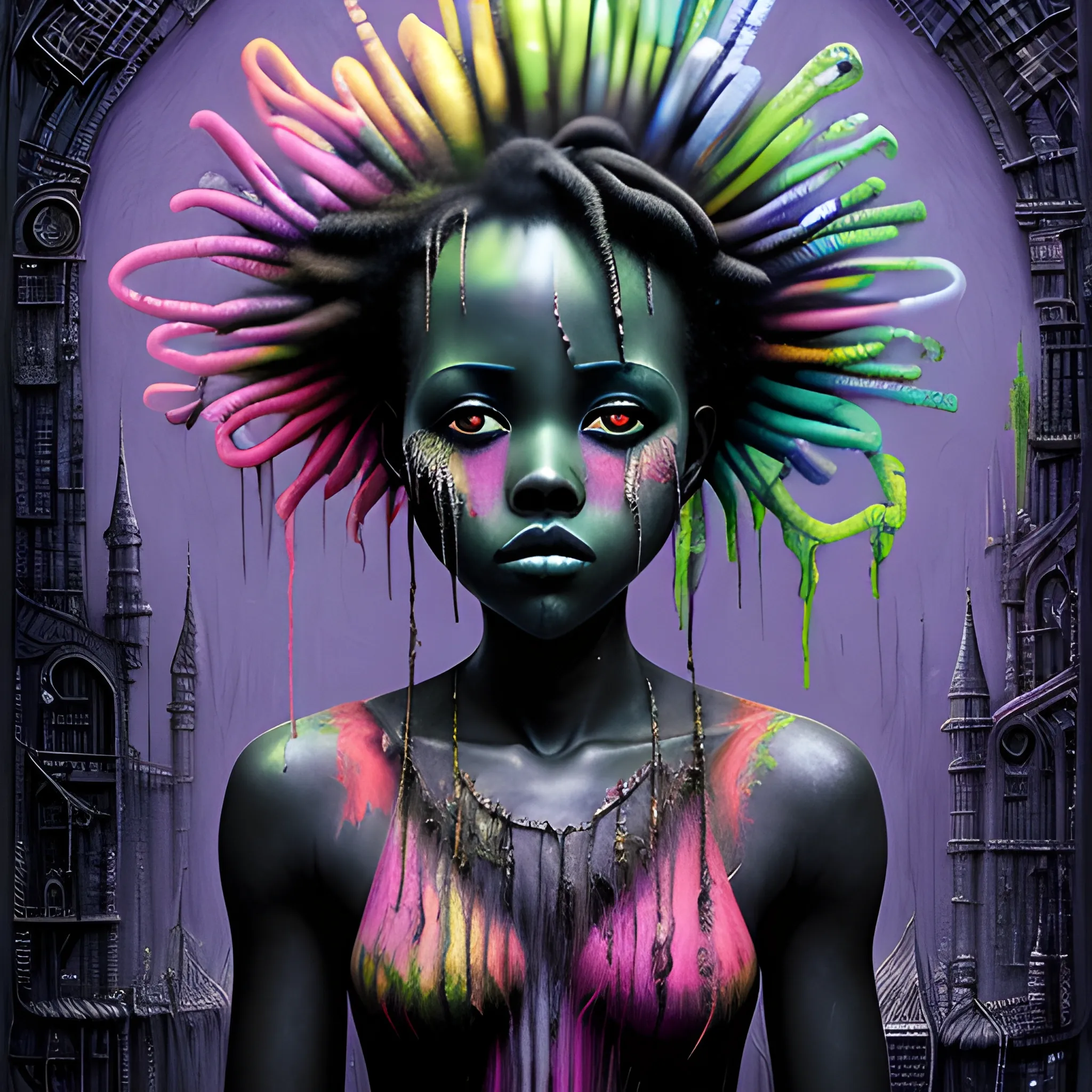  Masterpiece, scenic; Lupita Nyong'o; neon spray paint, acrylic paint, fantastical surrealist world, in the style of Stephen Gammell and Shawn Coss, extremely detailed, sick, gothic, eldritch