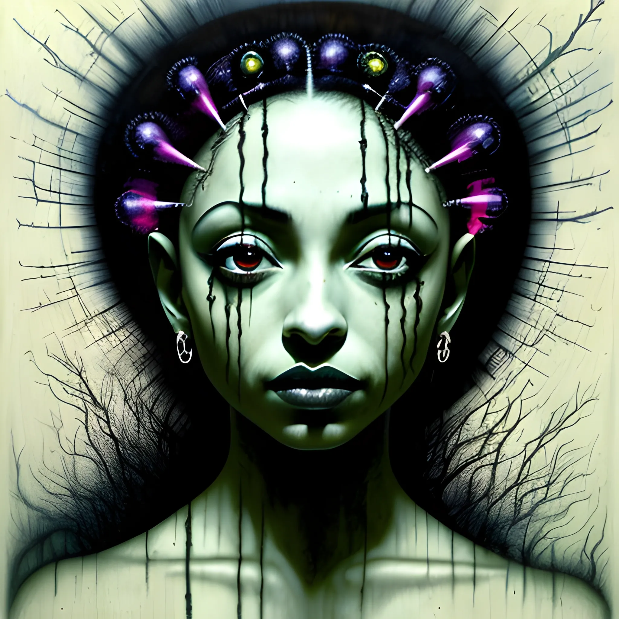  Masterpiece, scenic; Sade Adu; neon spray paint, acrylic paint, fantastical surrealist world, in the style of Stephen Gammell and Shawn Coss, extremely detailed, sick, gothic, eldritch