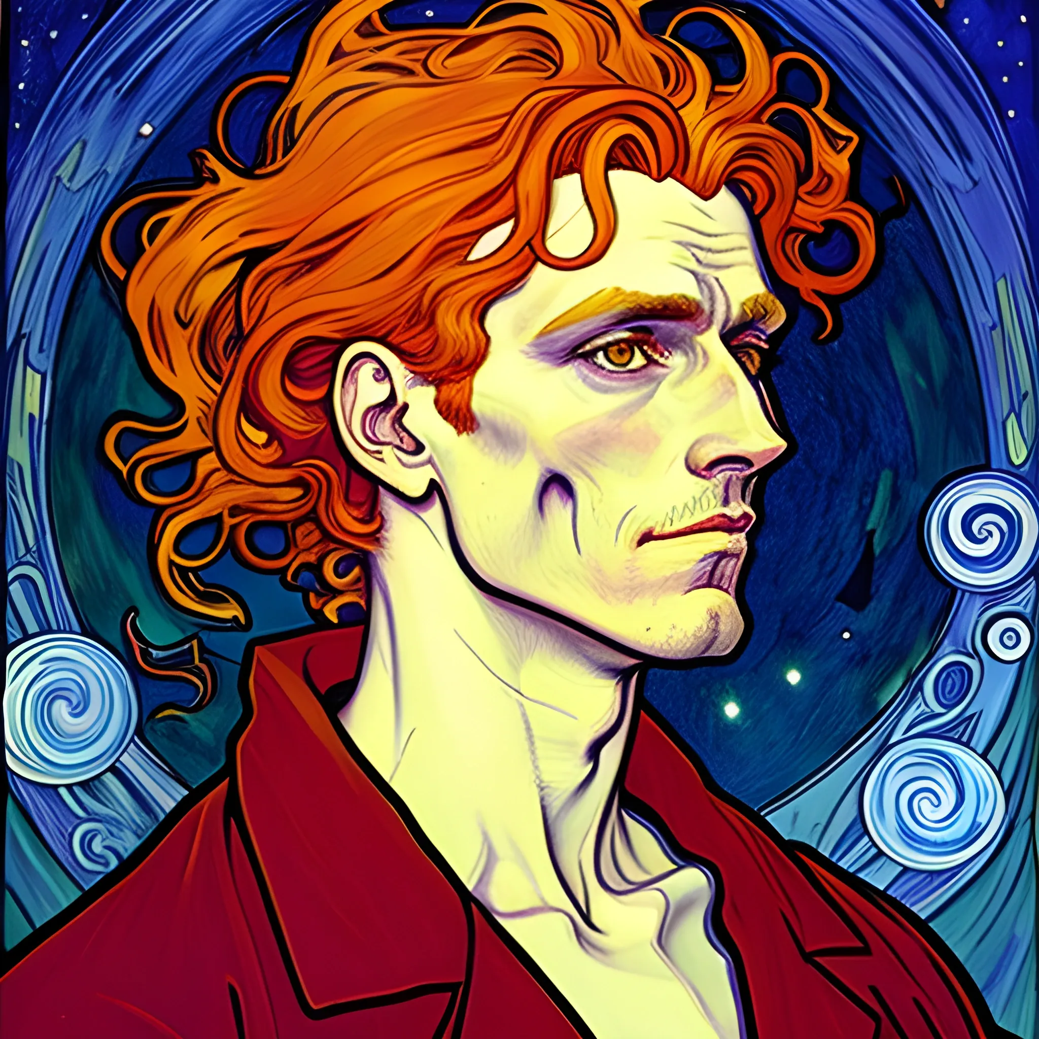 Painting of a handsome young delicate beautiful softly freckled man in his 20s with green eyes and very long, curly red hair flowing down his shoulders and back, at the giant jack o'lantern halloween party; pumpkins, perfect purple pumpkins, green skulls, orange bats, magic, candles, neon spray paint, acrylic paint, fantastical, elegant, stylized art, under a painted nebula sky, full moon; bats, pumpkins, spooky ambiance, Halloween Night art by alphonse mucha, vincent van gogh, egon schiele