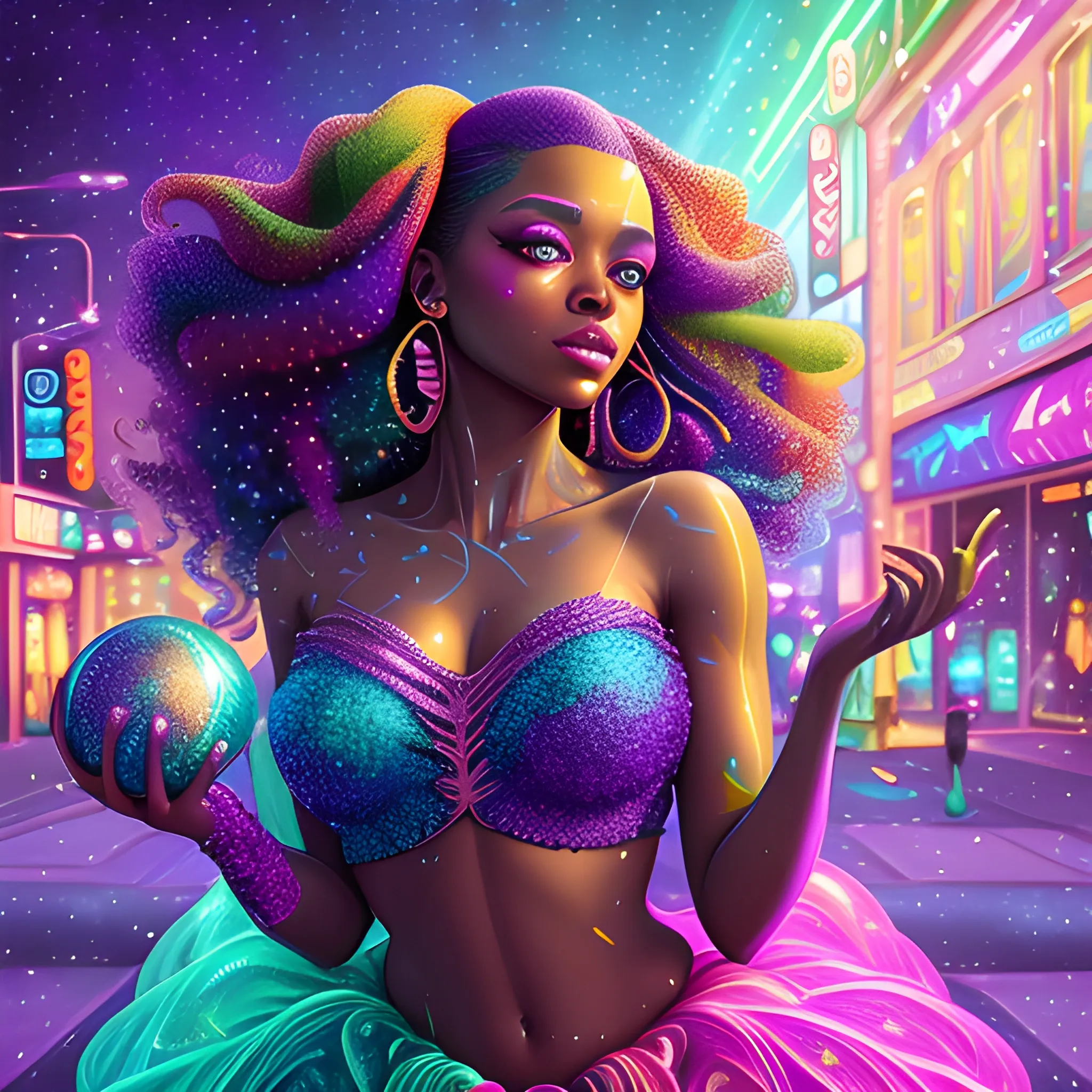 Charlotte Ayanna, perfect, anatomically correct perfect body, highly detailed beautiful face, green midriff dress, meticulously detailed multi-hued long dark curly hair, holding a purple ball in her hand; digital painting, smooth, sharp focus, colorful illustration, art by Lisa Frank, James R. Eads, artgerm and Maxfield Parrish; luminous color sparkles, glitter, neon, airbrush, Unreal Engine 5, Fausto-Giurescu, Tania Rivilis, Dan Mumford; luminous colorful sparkles, glitter, airbrush, depth of field, volumetric lighting, downtown