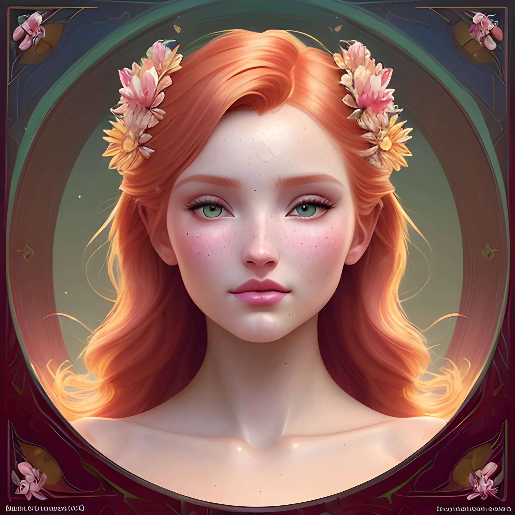 Elsa Hosk / Dove Cameron face morph; beautiful twins at a lotus pond; red hair, gold-hazel eyes; highly detailed beautiful faces; glitter, renaissance; high contrast, pastel, sorbet, pearlescent, Unreal Engine 5; by Dan Parent, Alphonse Mucha, Artgerm, WLOP, intricately detailed, fantasy, bizarre, beautiful, Chromolithography, Soft Shading, Unreal Engine; digital painting, smooth, sharp focus, illustration, art by lisa frank, Steve Goad, Frank Frazetta, William-Adolphe Bouguereau, Unreal Engine 5, Cartoon, 3D, Oil Painting; dark red hair