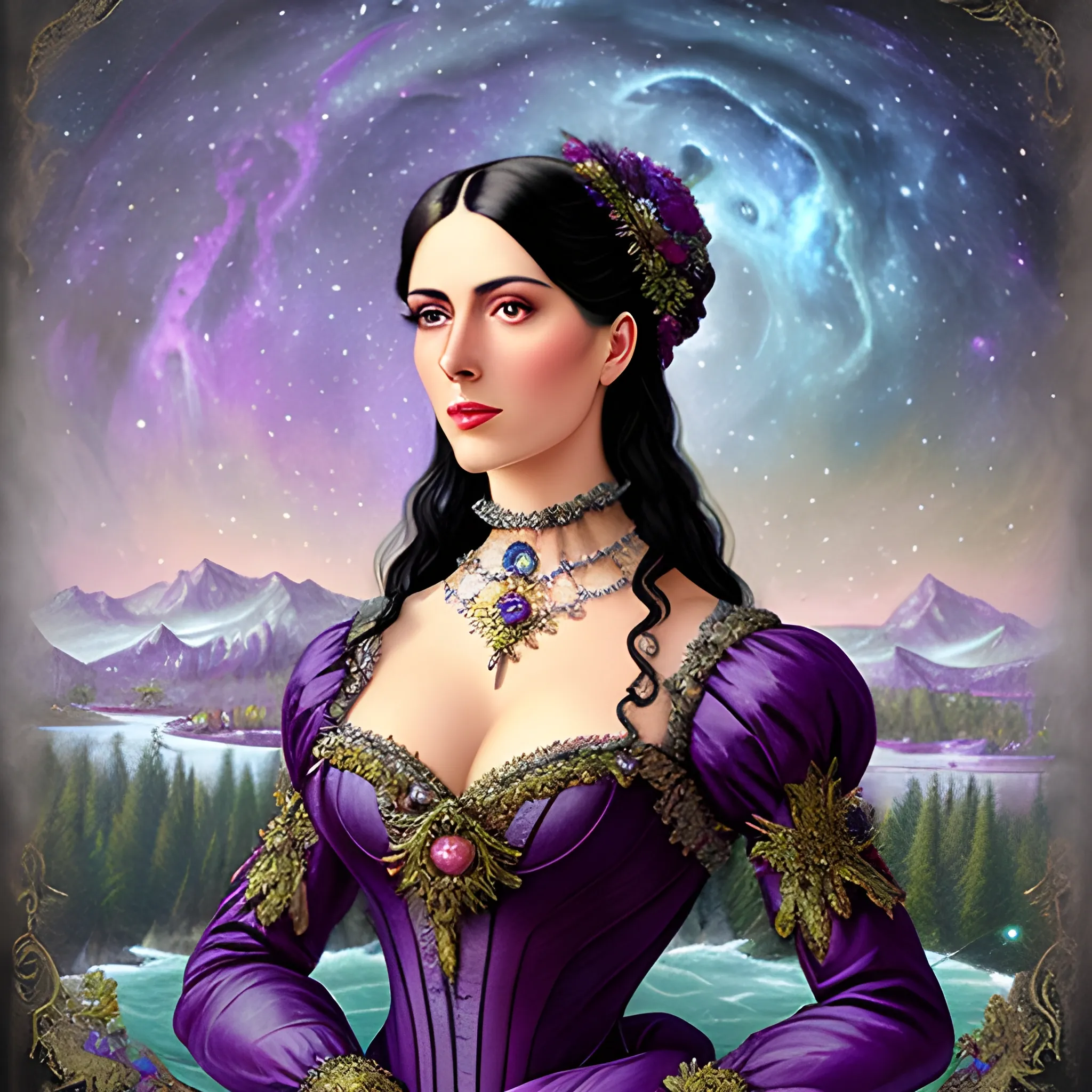 Lilac Princess, full body shot; beautiful woman wears a lavender sequined dress. She has long, sleek black hair, and stands in front of snow-covered pine trees and an icy river. Her features are symmetrical, lovely, and anatomically correct. She wears amethyst jewelry. Lips are soft, in a slight smile; behind her a cityscape, and full smooth moon in a nebula sky, clouds; fantasy, Vintage Art, 16k resolution, intricately detailed, Renaissance, Chromolithography Soft Shading; ethereal fantasy, realistic oil painting. Victorian era, glitter, old fashioned, vintage, antique, renaissance, gothic, eldritch, highly intricate, sophisticated and complex digital painting, concept art, hyperrealism, Cinema 4D, 8k resolution, 64 megapixels, CGSociety, ZBrushCentral, behance HD, hypermaximalist, parallax
